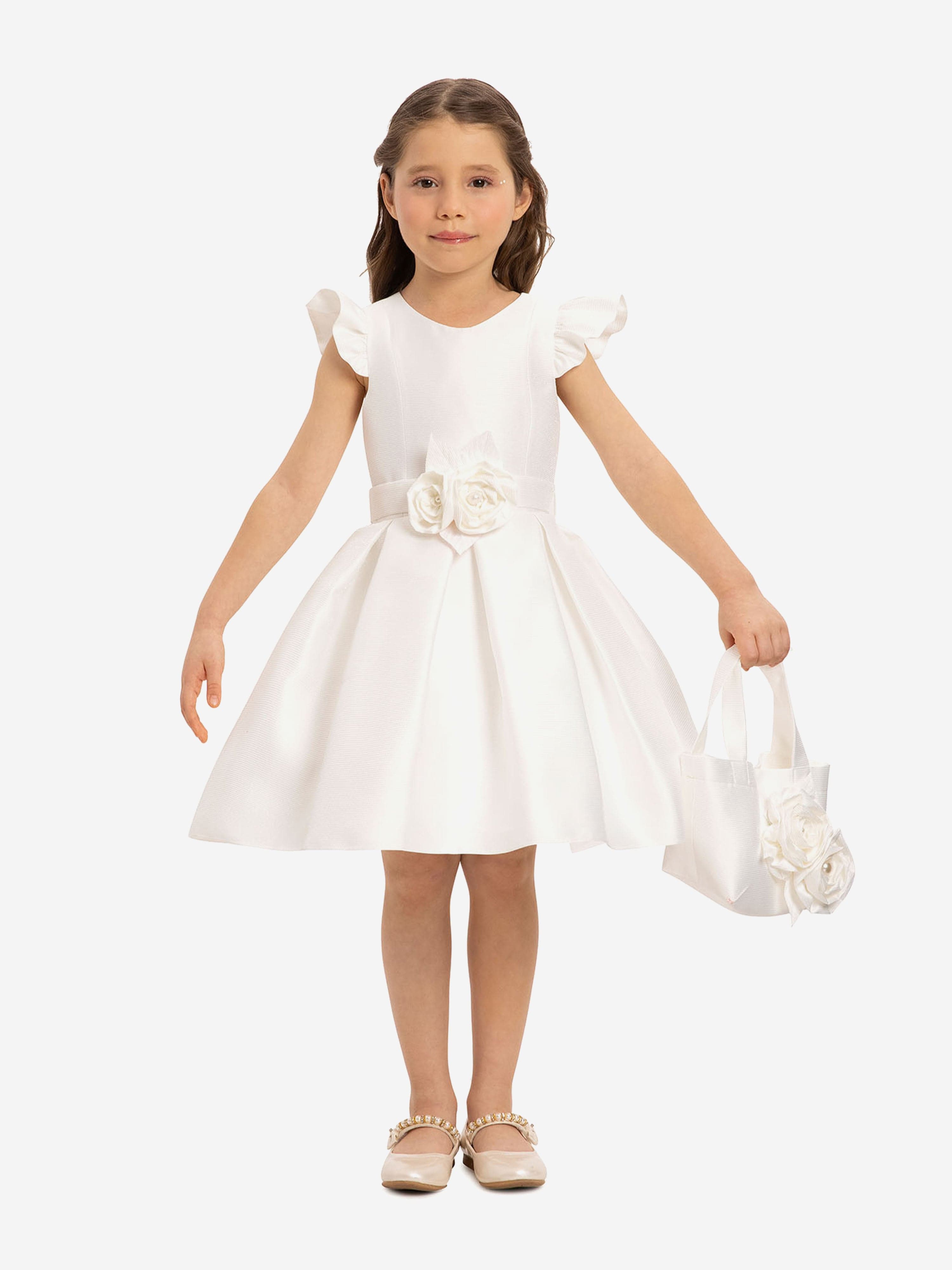 DRESS & Fleur Girls Dress with Matching Floral Bag in White