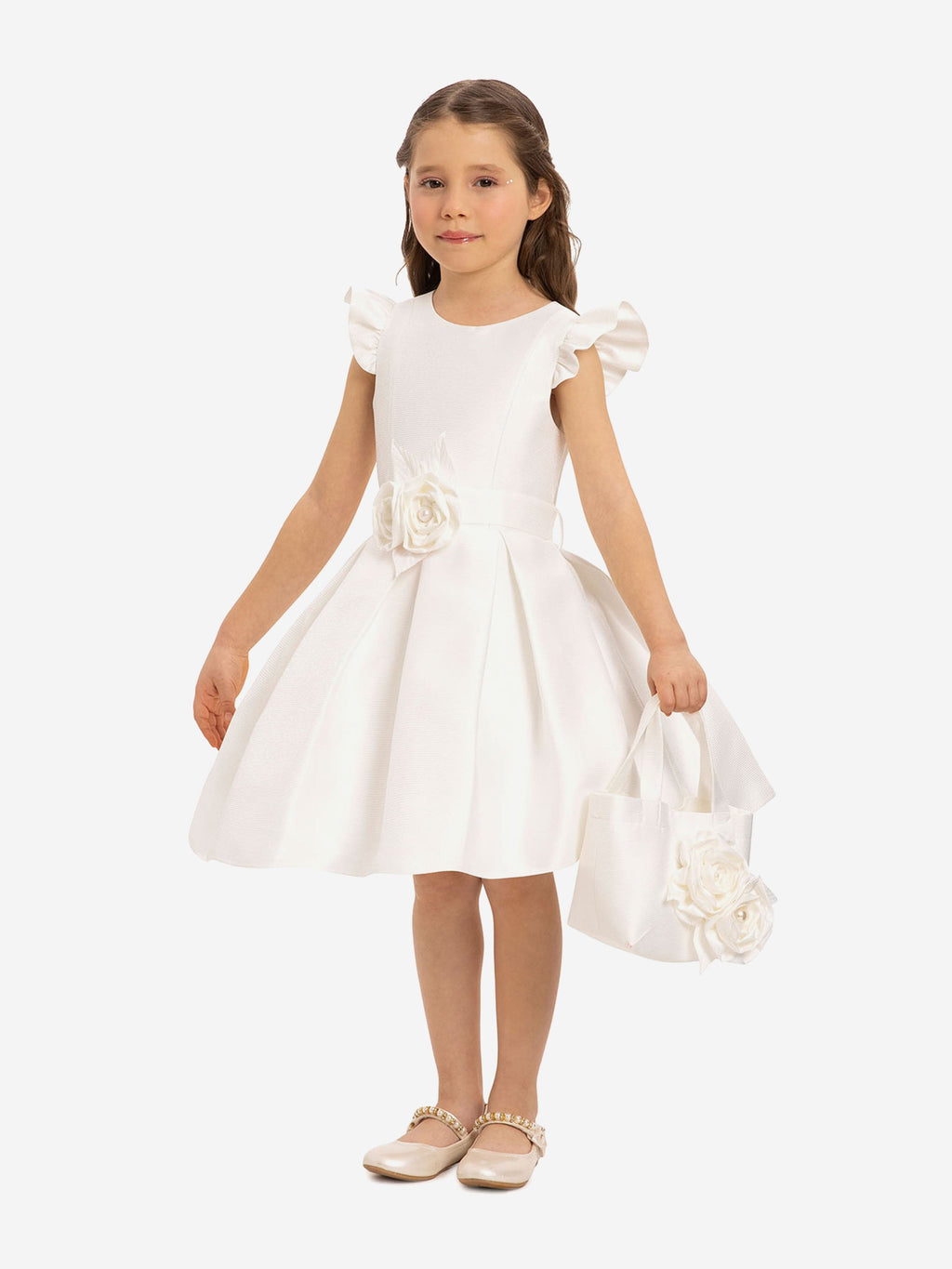 DRESS & Fleur Girls Dress with Matching Floral Bag in White