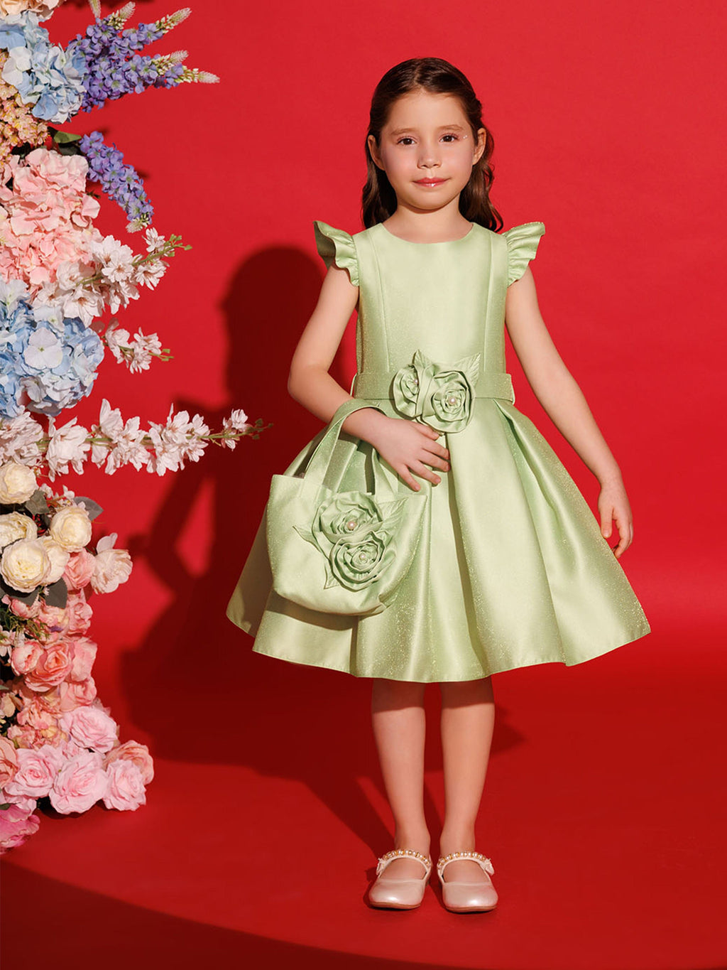 DRESS & Fleur Girls Dress with Matching Floral Bag in Green