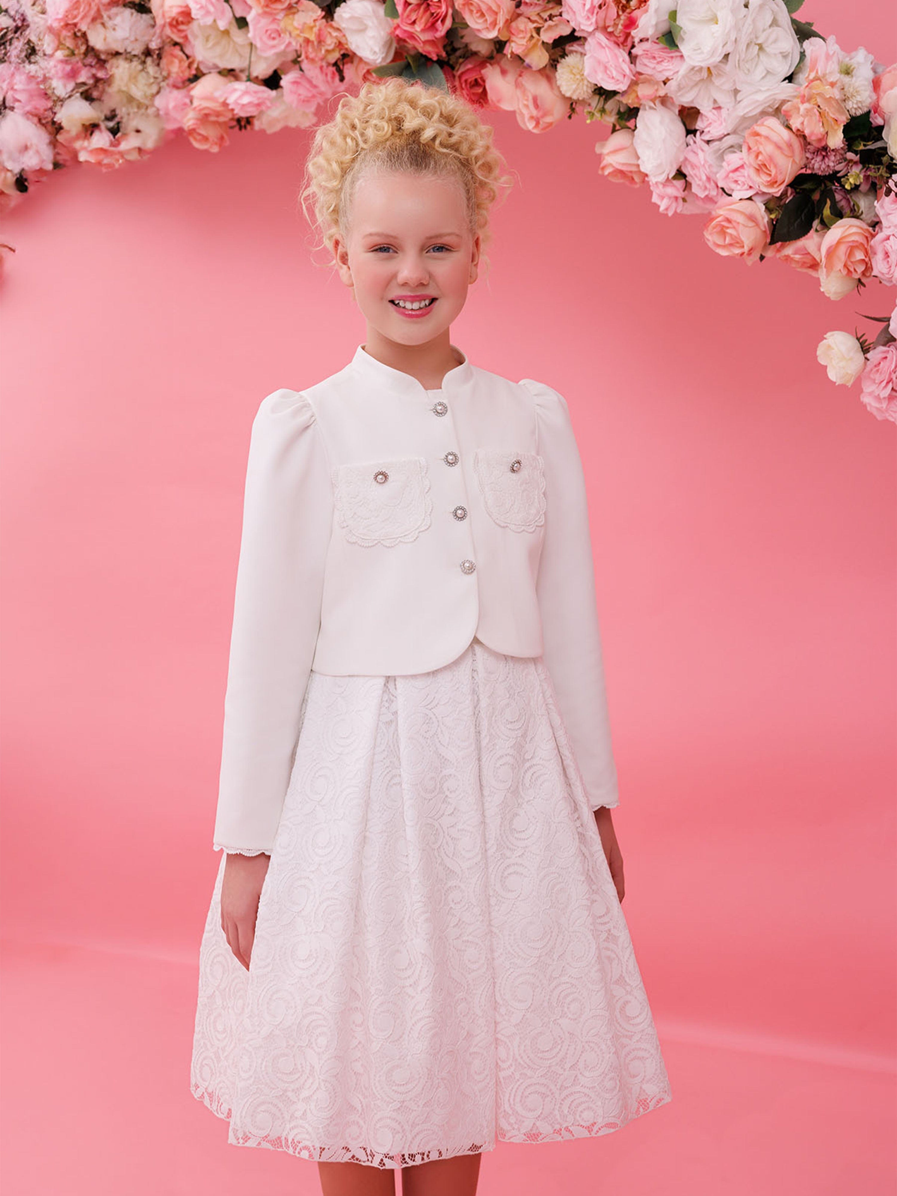 DRESS & Fleur Girls Lace Dress with Bolero in White