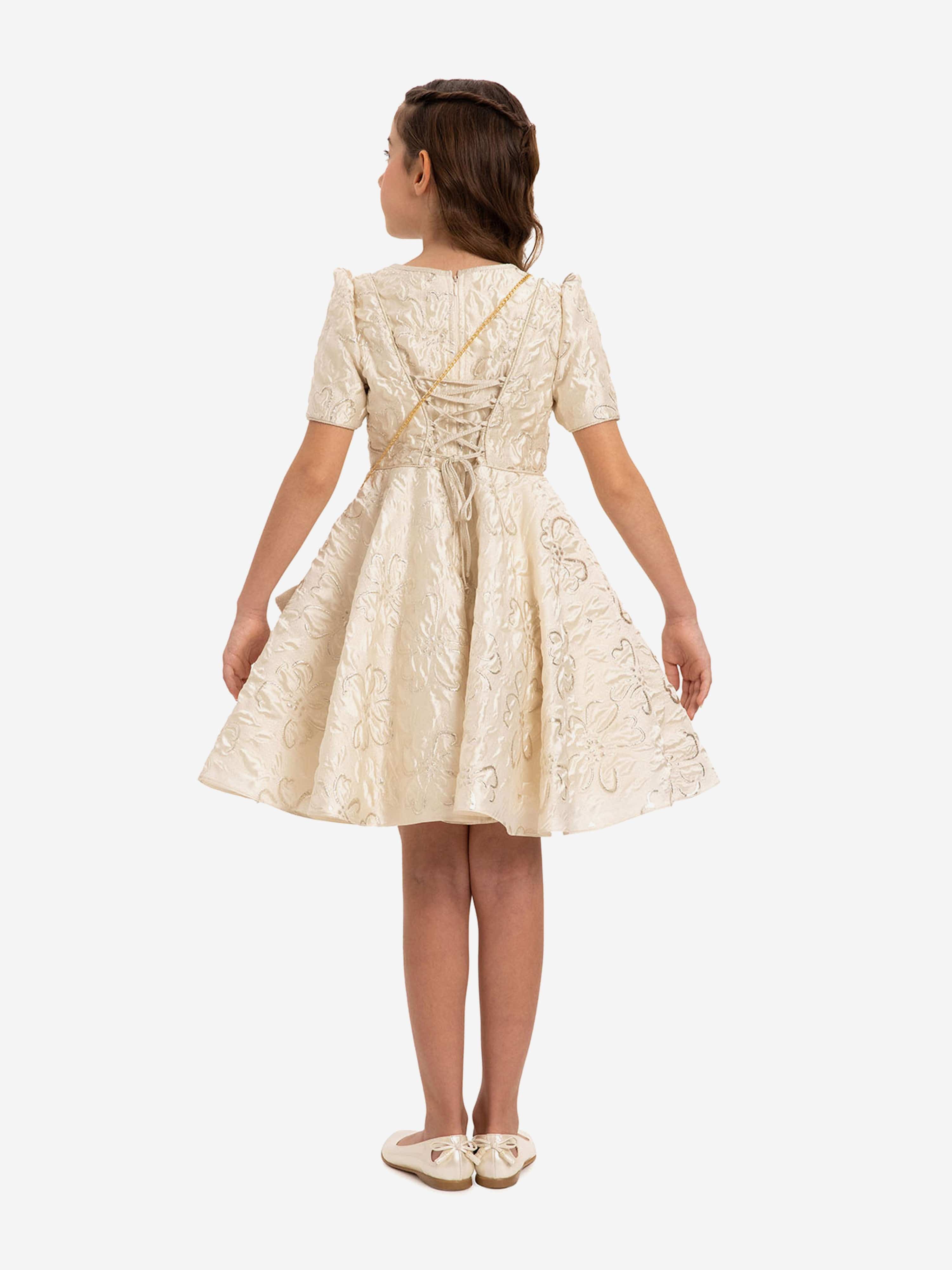 DRESS & Fleur Girls Elegant Dress with Matching Bag in Beige