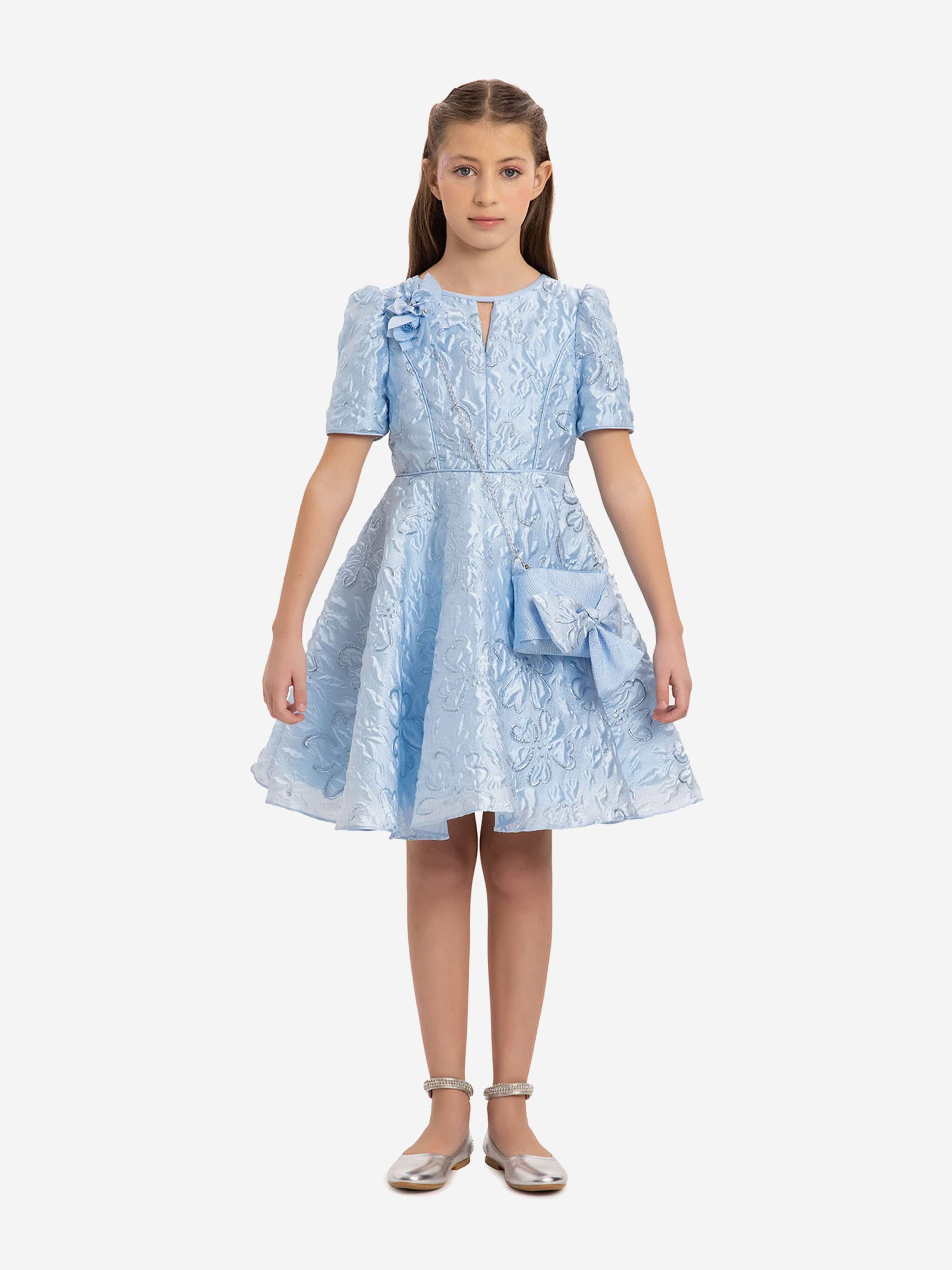 DRESS & Fleur Girls Elegant Dress with Matching Bag in Blue