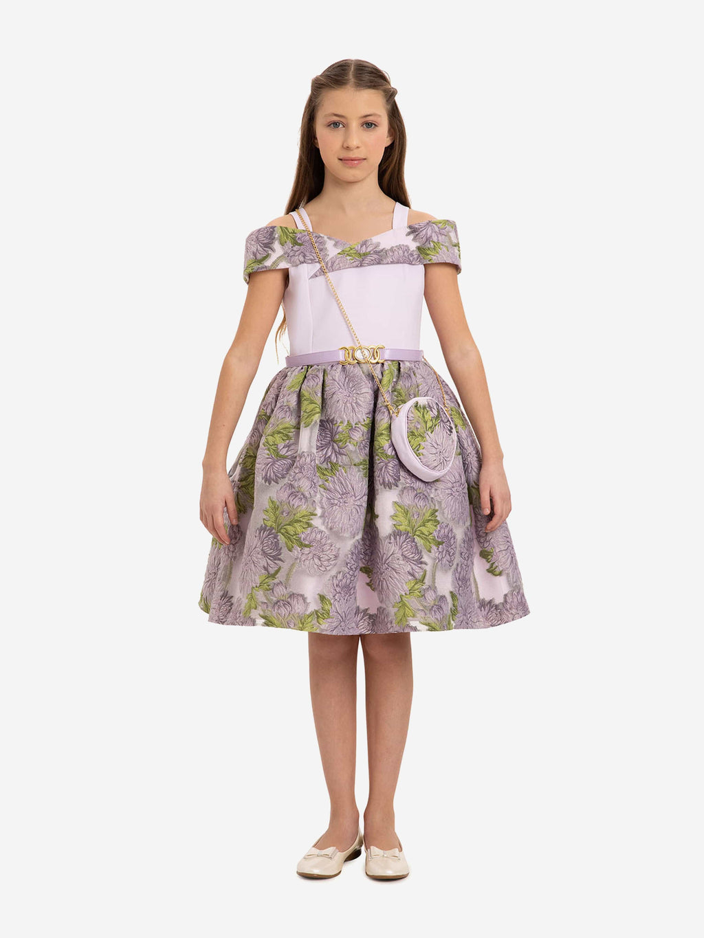 DRESS & Fleur Girls Jacquard Dress with Bag in Purple