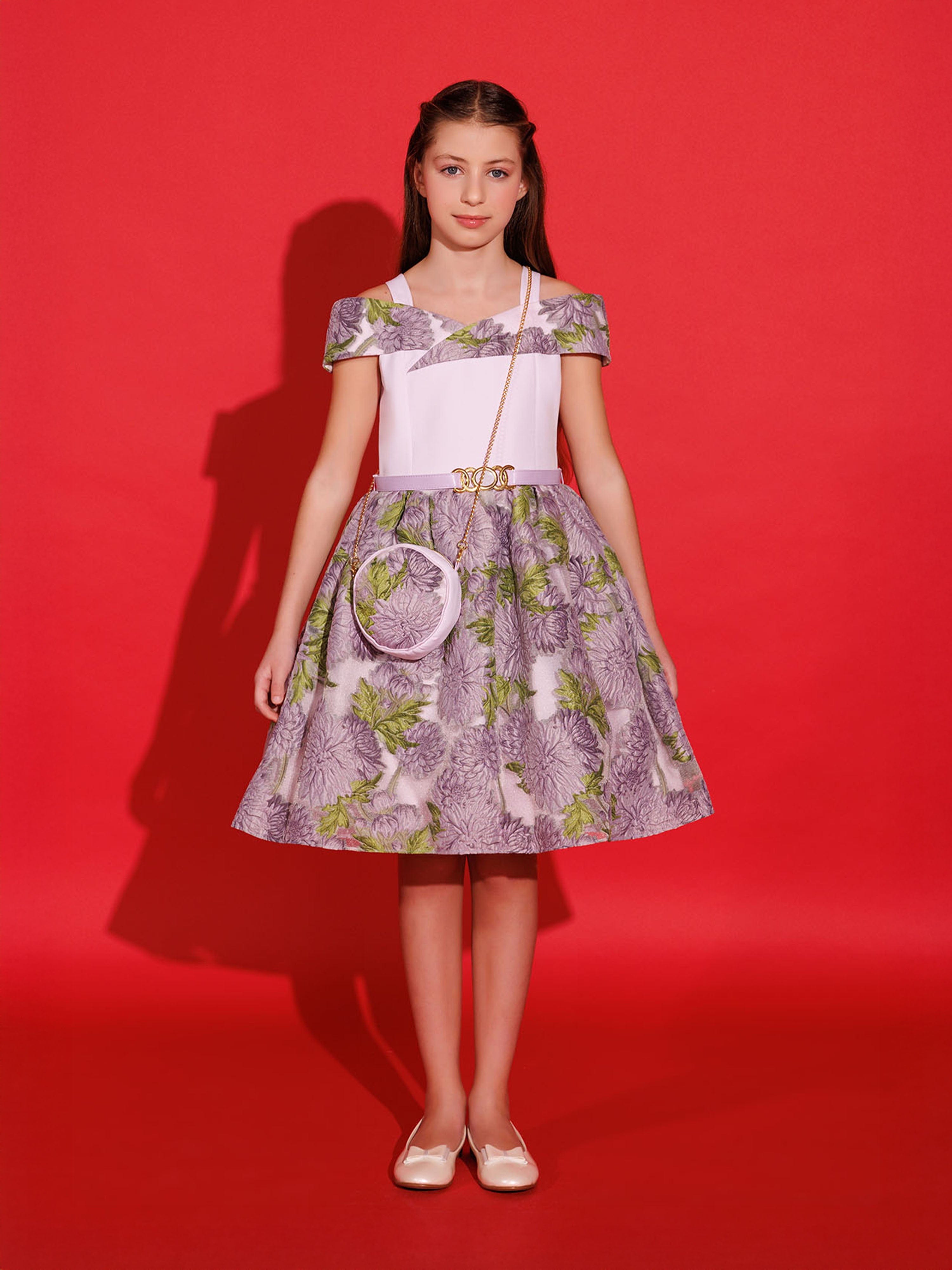 DRESS & Fleur Girls Jacquard Dress with Bag in Purple