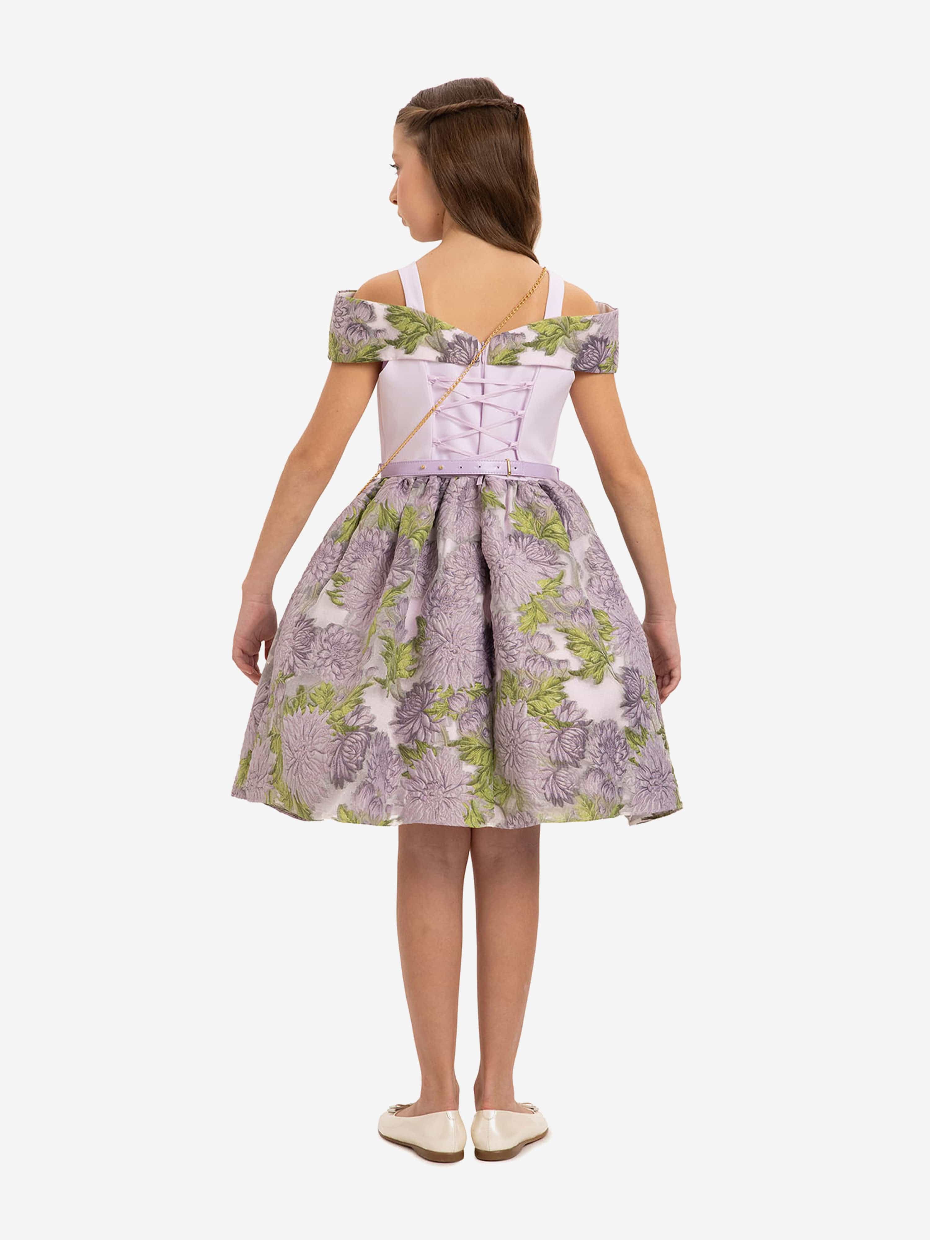 DRESS & Fleur Girls Jacquard Dress with Bag in Purple