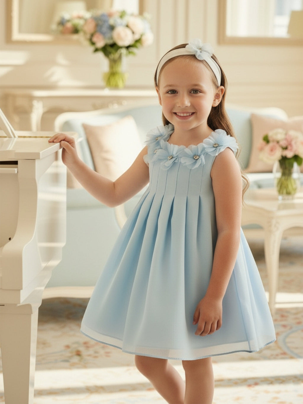 DRESS & Fleur Baby Girls Occasion Dress with Headband in Blue