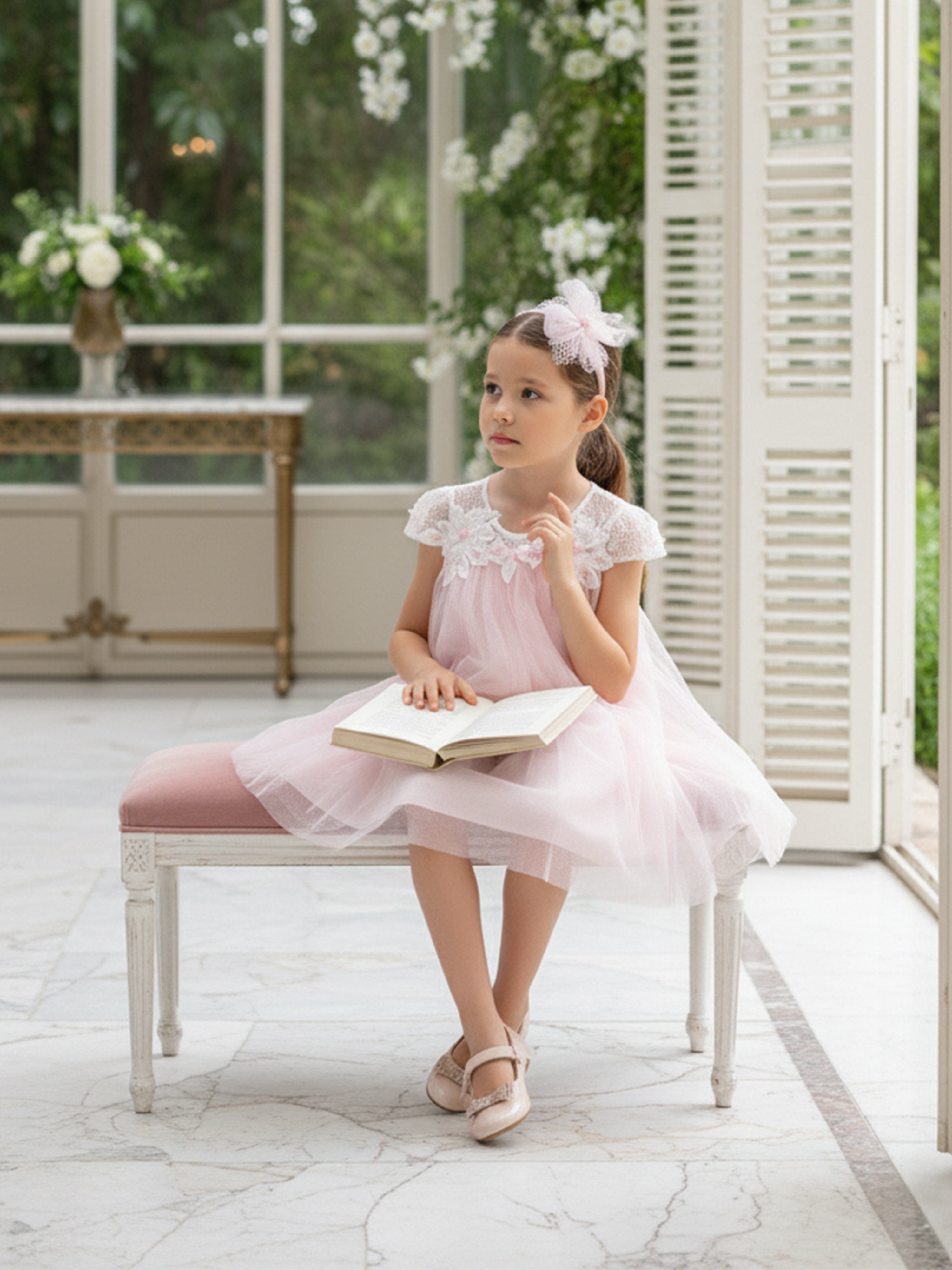 DRESS & Fleur Girls Flower Occasion Dress with Headband in Pink