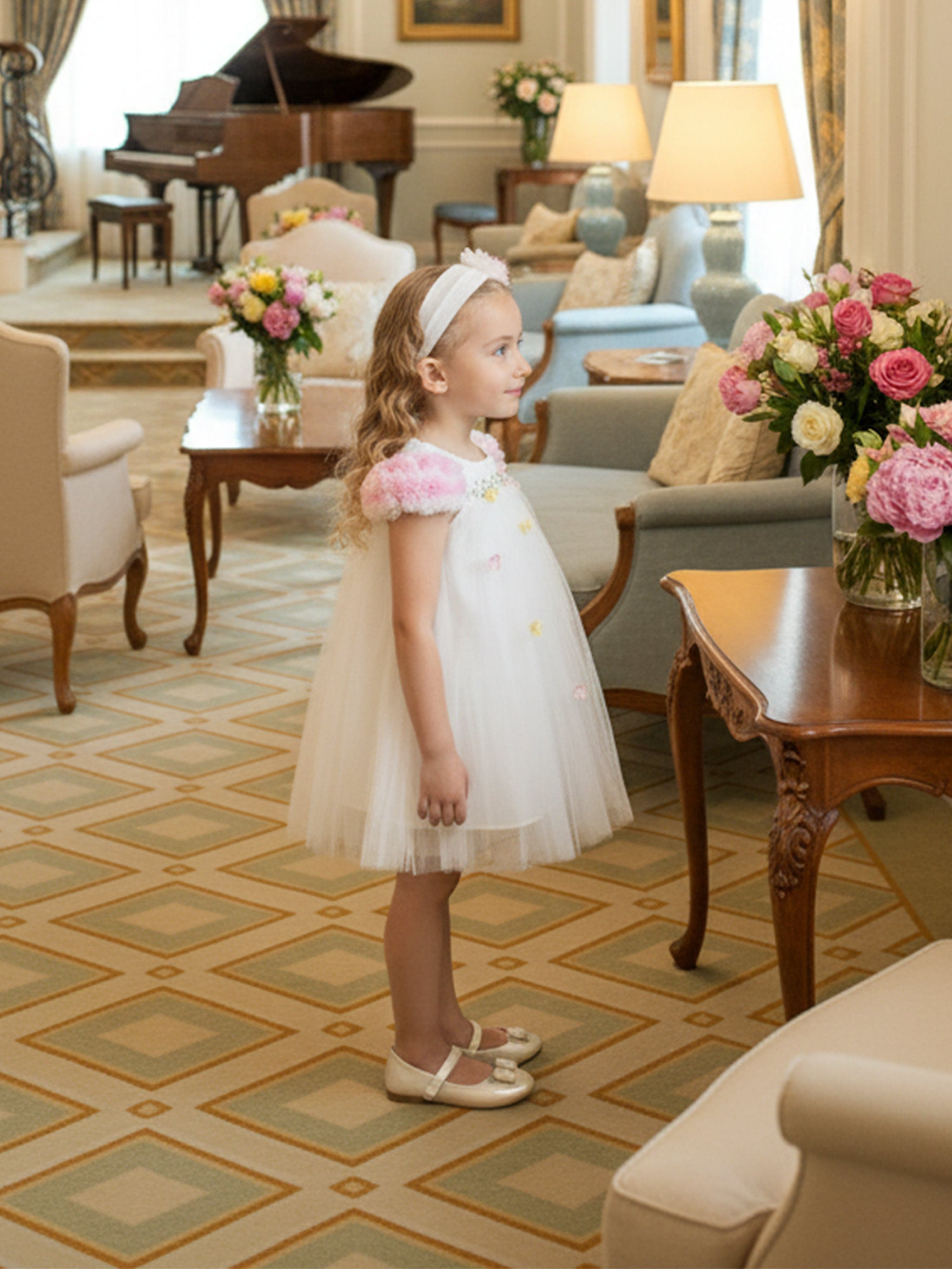 DRESS & Fleur Baby Girls Occasion Dress with Headband in Ivory