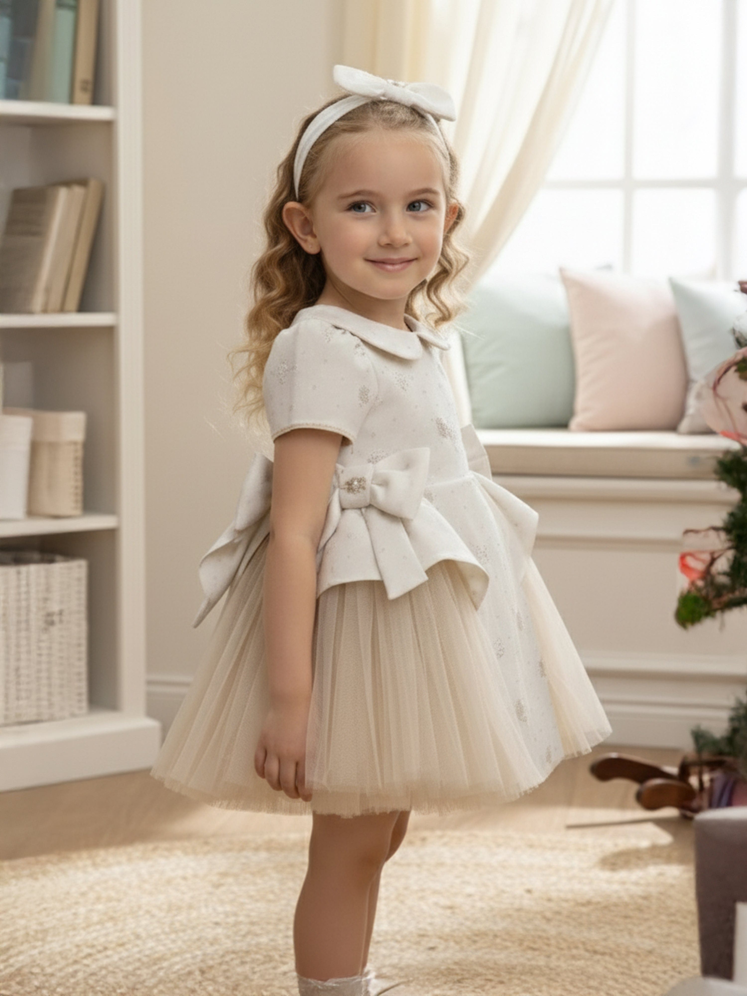 DRESS & Fleur Baby Girls Occasion Dress with Headband in Ivory