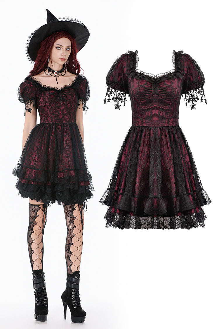 Dark in Love Burgundy & Black Lace Princess Dress with Stars Lace
