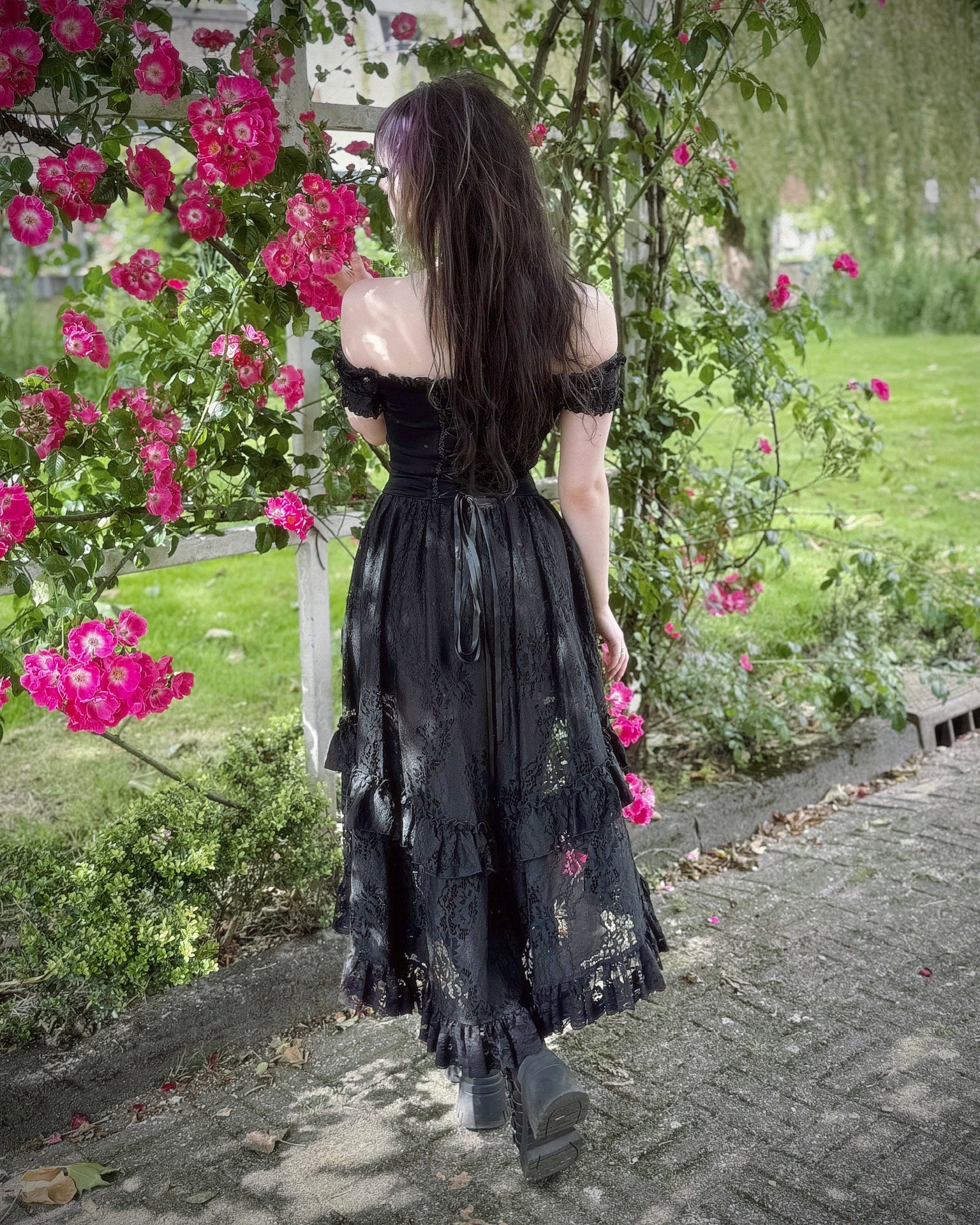 Dark In Love Lilinoe Goth Dress - Off Shoulder Lace-Up Back