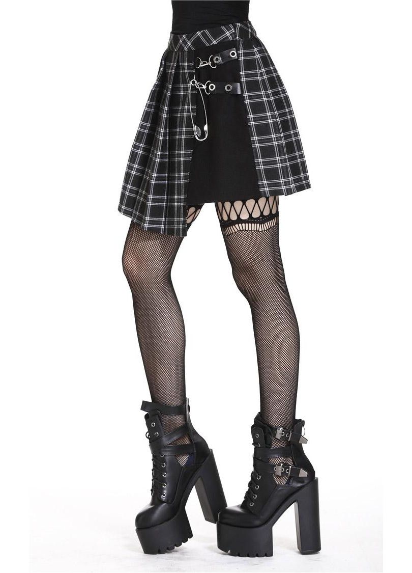 Dark In Love Leah Gothic Tartan Mini Skirt - Black & White Plaid