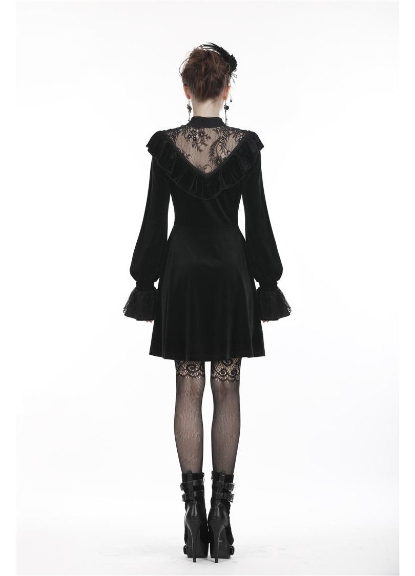 Dark In Love Avina Black Velvet Dress - Gothic Lace Neckline Long Sleeve Dress