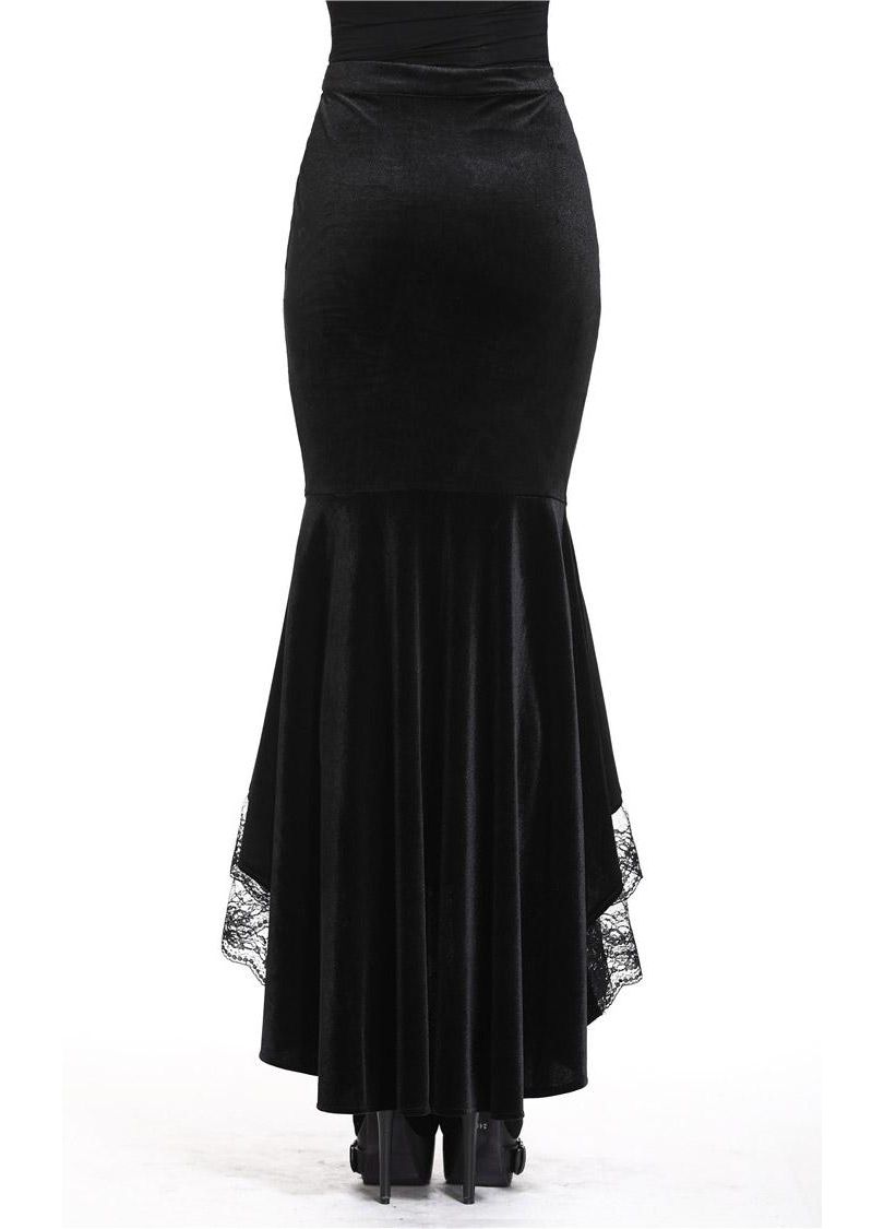 Dark In Love Cordelia Black Velvet Skirt - Gothic Fishtail Skirt Embroidered Lace