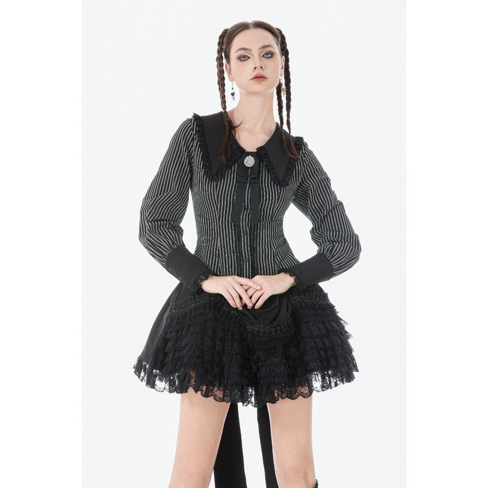 Dark in Love Gothic Peter Pan Collar Lace Shirt - Dark Academia Striped Cotton