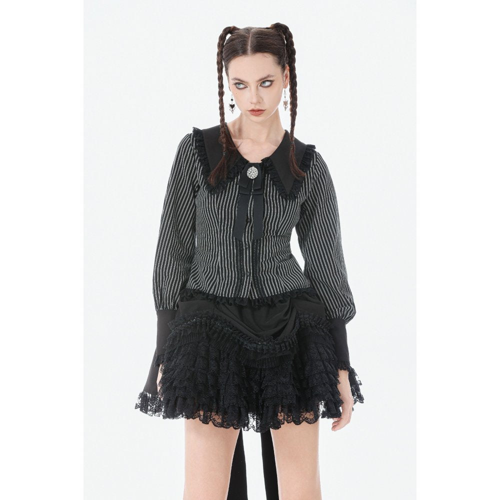Dark in Love Gothic Peter Pan Collar Lace Shirt - Dark Academia Striped Cotton