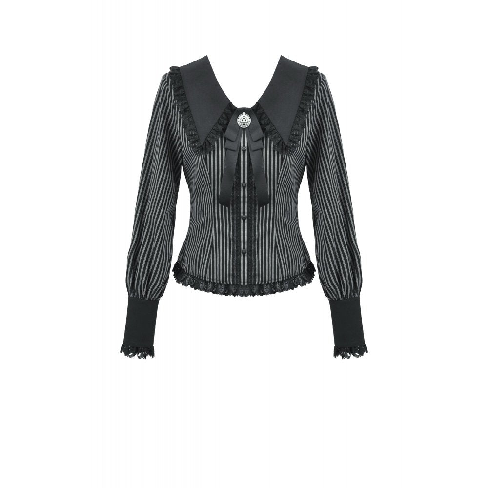 Dark in Love Gothic Peter Pan Collar Lace Shirt - Dark Academia Striped Cotton