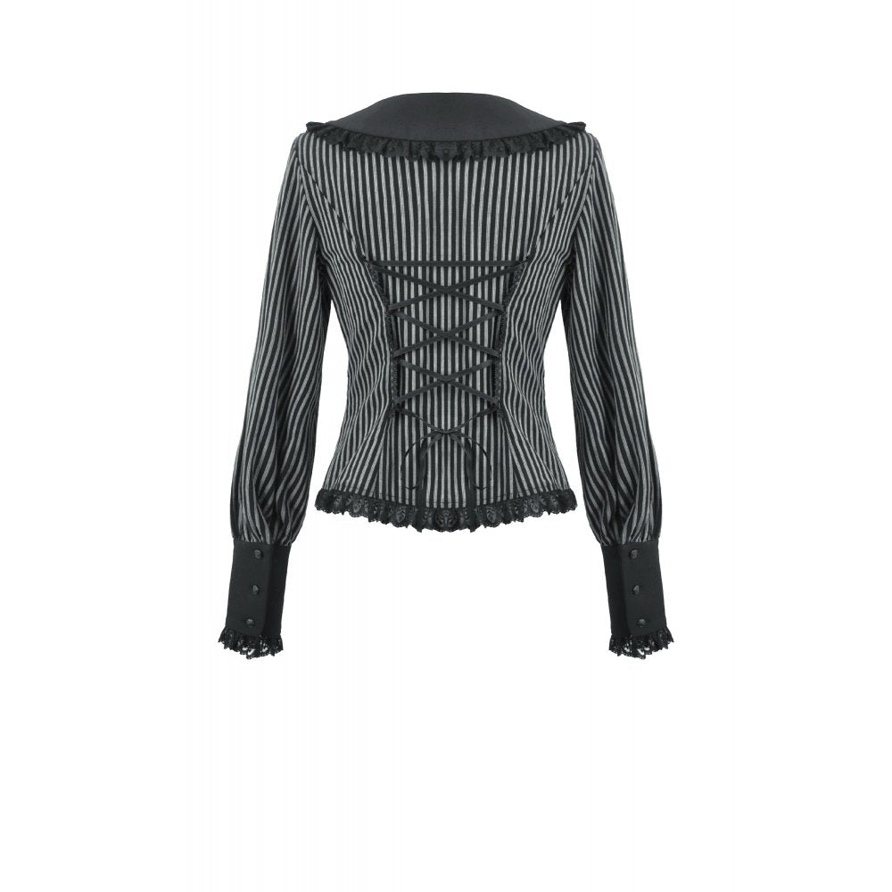 Dark in Love Gothic Peter Pan Collar Lace Shirt - Dark Academia Striped Cotton