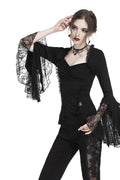 Dark In Love Jemima Black Gothic Top - Lace Bell Sleeves Sweetheart Neckline