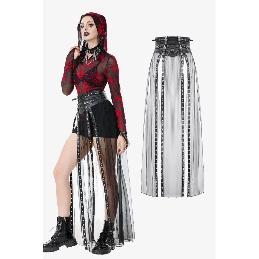 Dark in Love Gothic Sheer Mesh Maxi Skirt with PU Waist Corset - Size UK 8 Left Only!