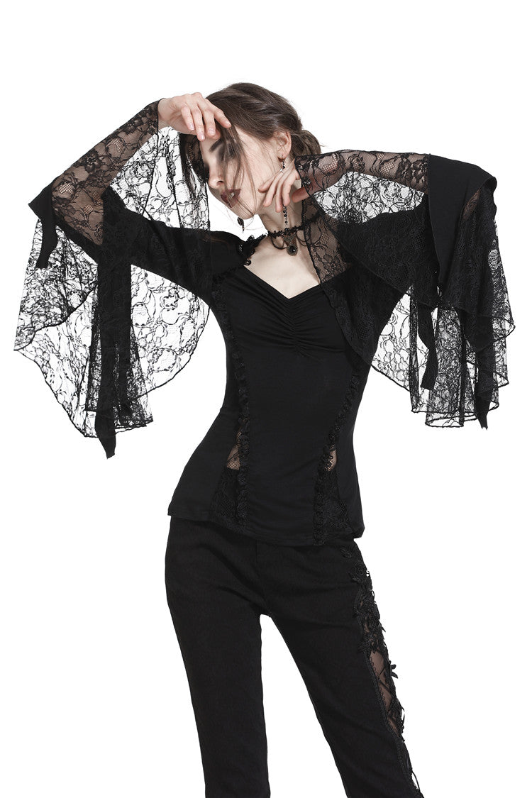 Dark In Love Jemima Black Gothic Top - Lace Bell Sleeves Sweetheart Neckline