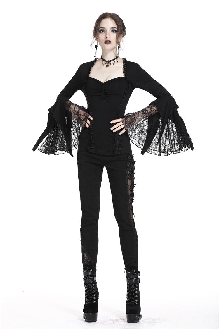 Dark In Love Jemima Black Gothic Top - Lace Bell Sleeves Sweetheart Neckline