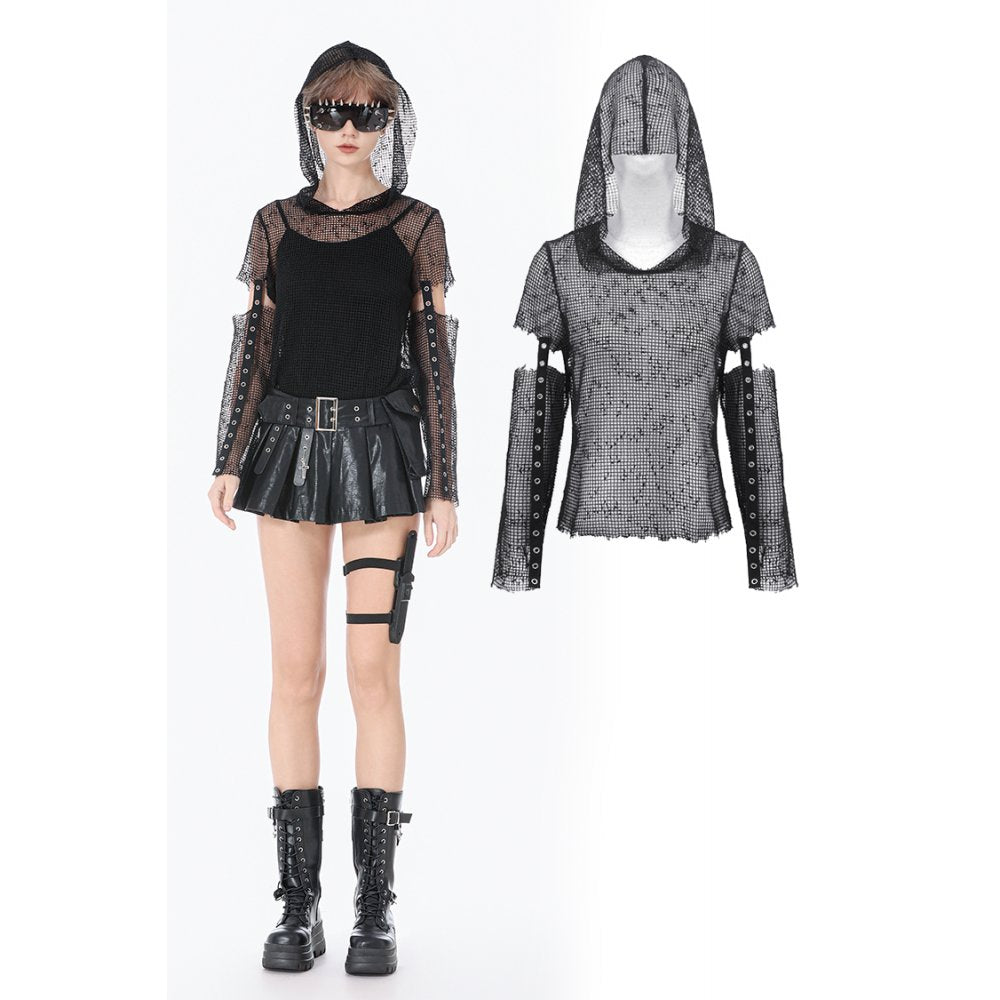 Dark in Love Punk Mesh Hollow-Out Hooded Mesh Top