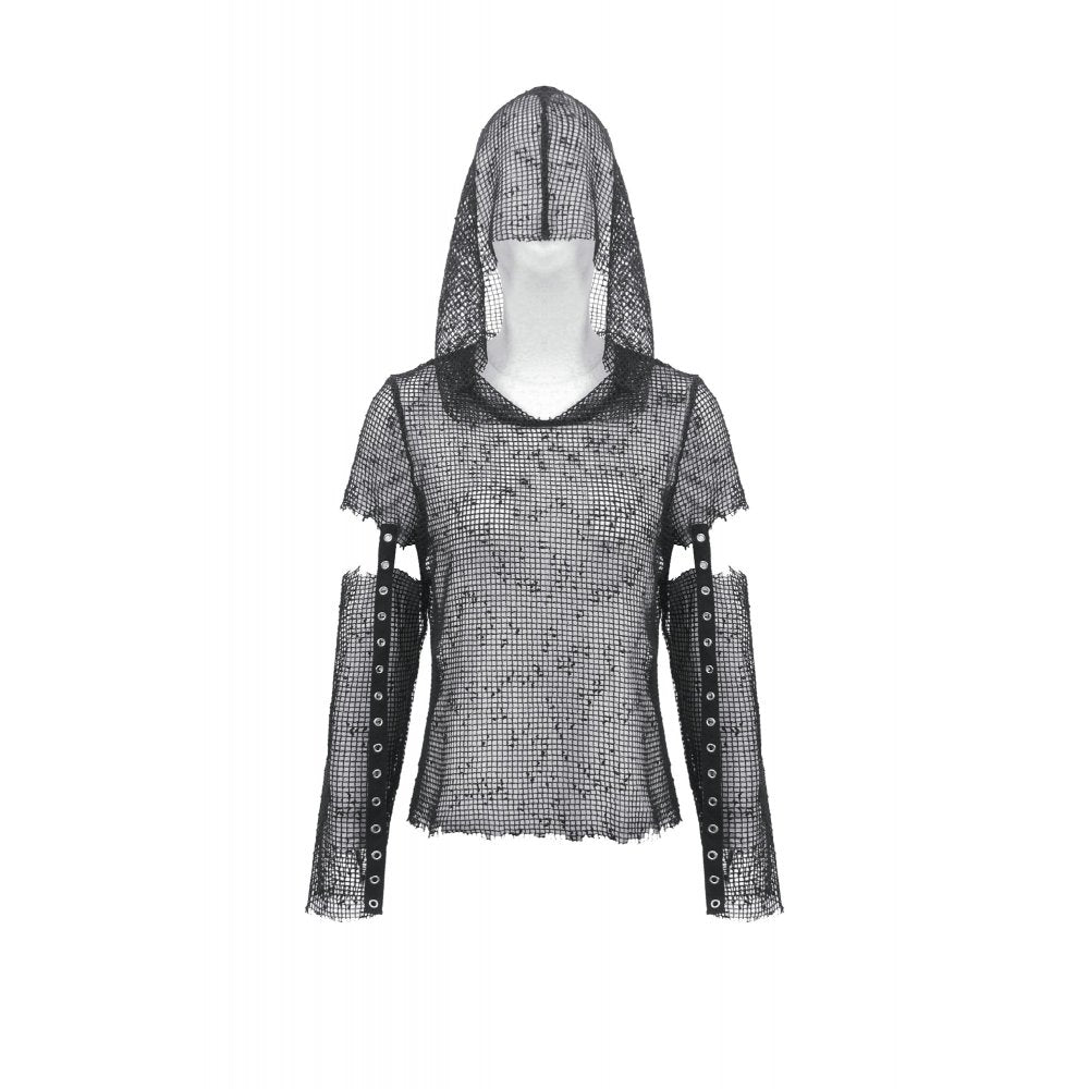 Dark in Love Punk Mesh Hollow-Out Hooded Mesh Top