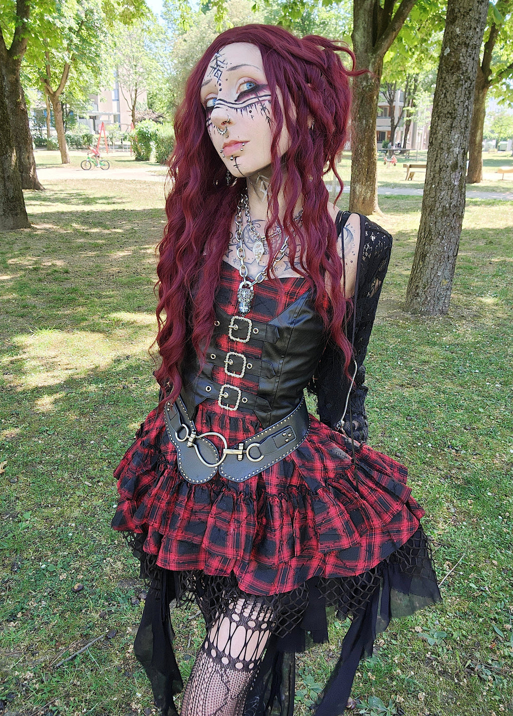 Dark in Love Red-Black Plaid Leather Layered Punk Sweetcore Dress