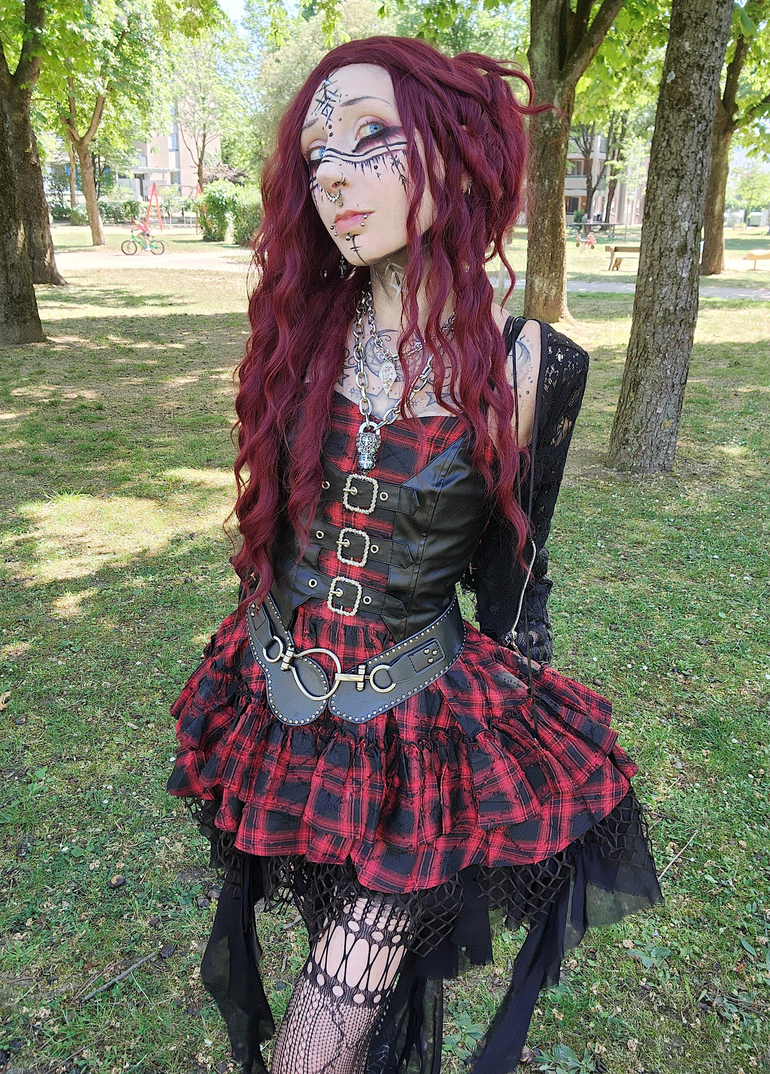 Dark in Love Red-Black Plaid Leather Layered Punk Sweetcore Dress