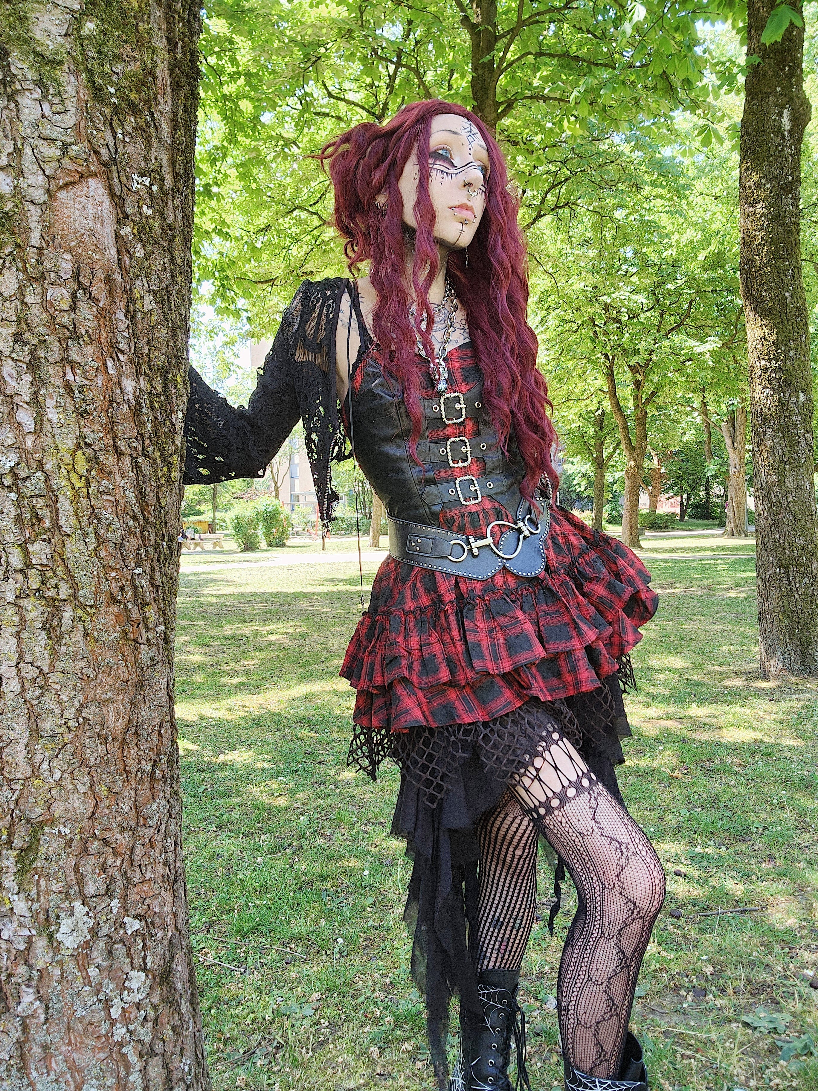 Dark in Love Red-Black Plaid Leather Layered Punk Sweetcore Dress