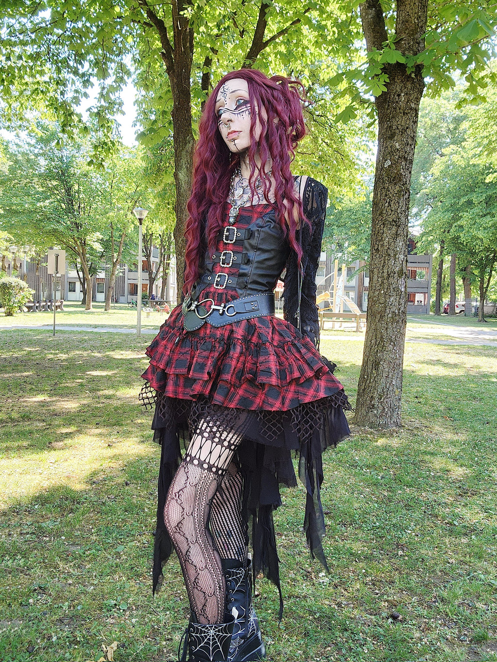 Dark in Love Red-Black Plaid Leather Layered Punk Sweetcore Dress