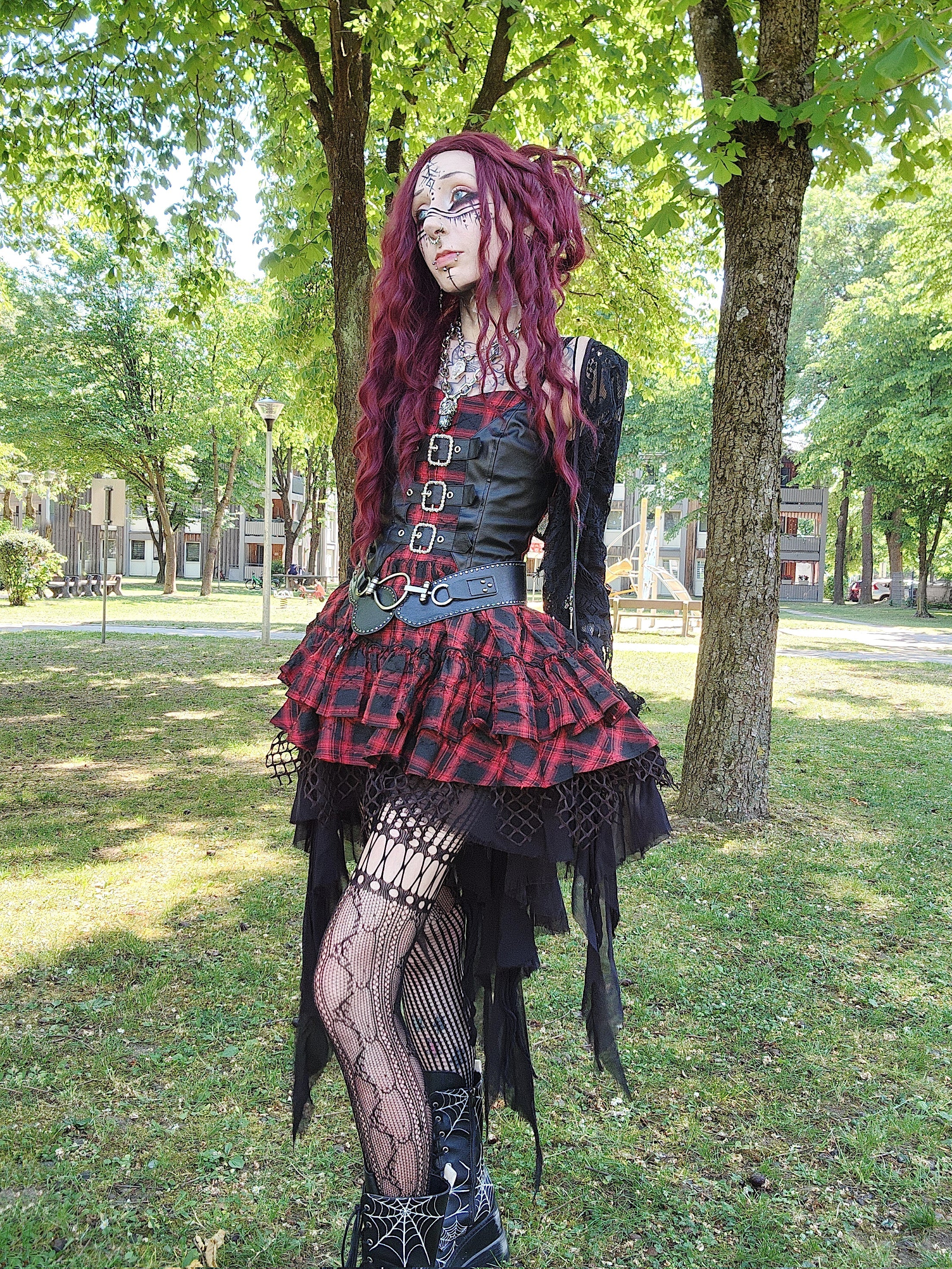 Dark in Love Red-Black Plaid Leather Layered Punk Sweetcore Dress