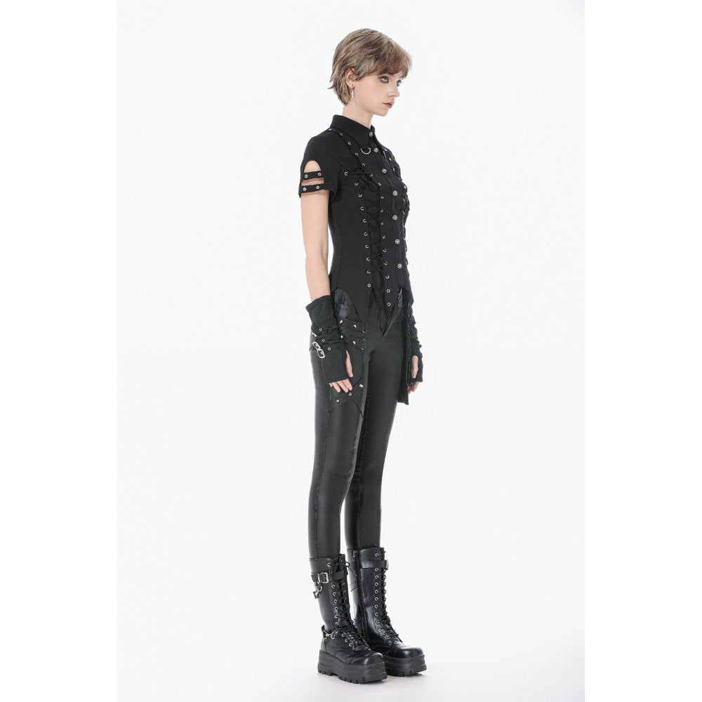 Dark in Love Ruptured Lace-Up Goth Shirt - D-Ring Hardware & Handkerchief Hem