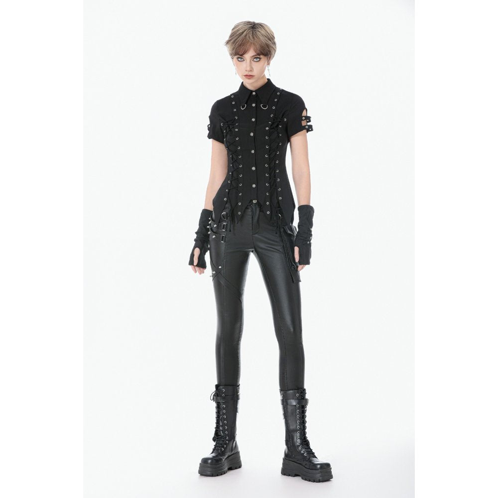 Dark in Love Ruptured Lace-Up Goth Shirt - D-Ring Hardware & Handkerchief Hem