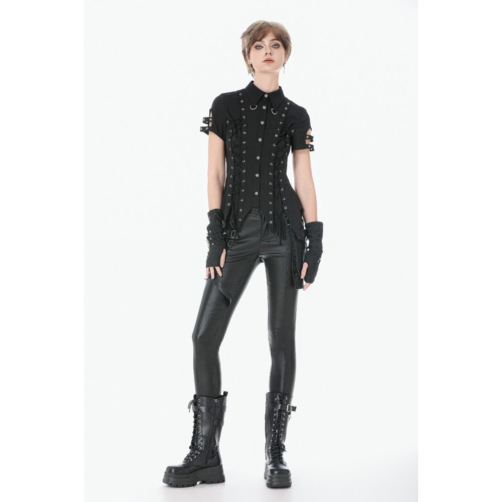Dark in Love Ruptured Lace-Up Goth Shirt - D-Ring Hardware & Handkerchief Hem