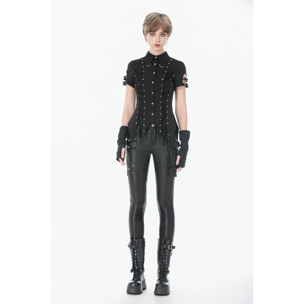 Dark in Love Ruptured Lace-Up Goth Shirt - D-Ring Hardware & Handkerchief Hem