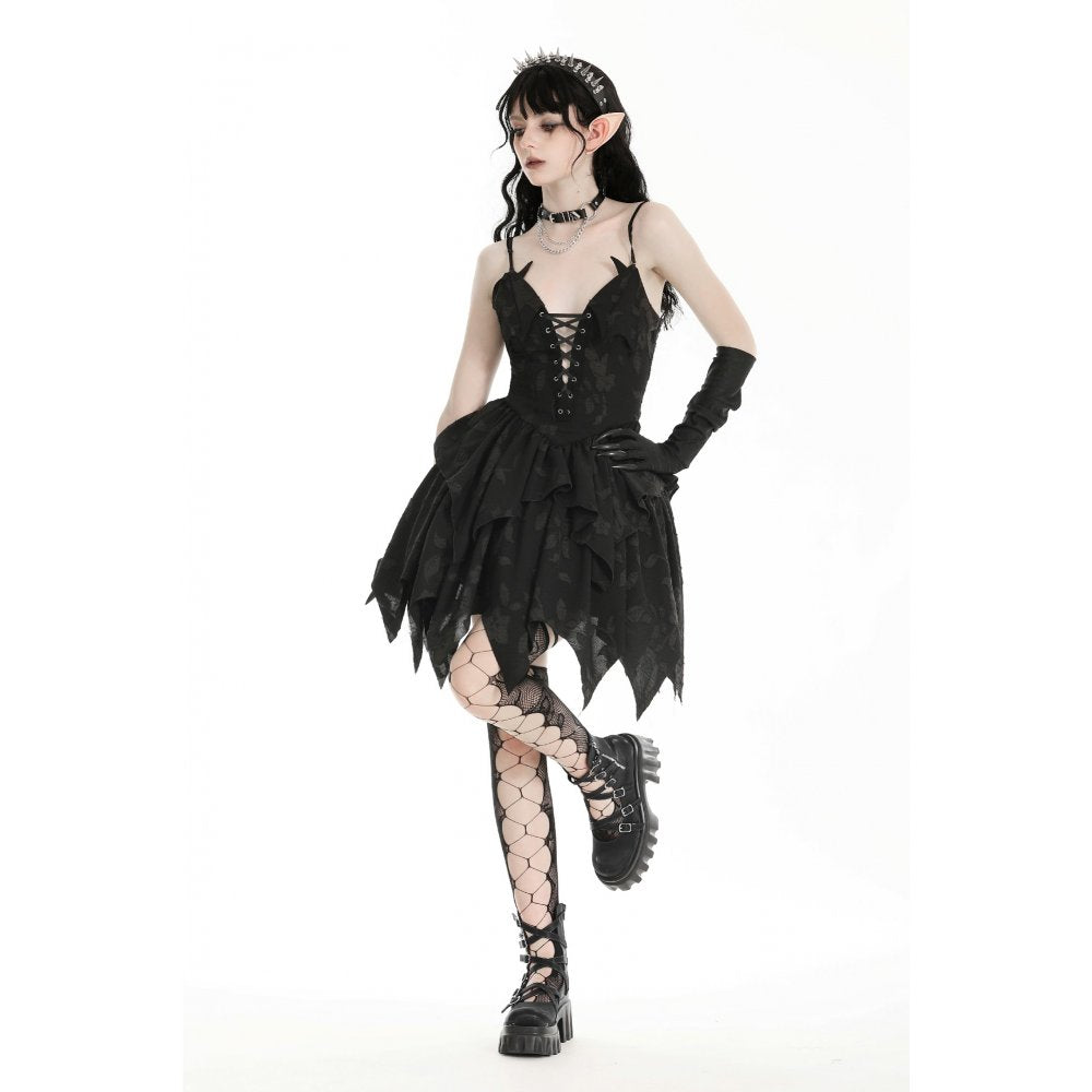Dark in Love Zemira Goth Dress - 3D Floral Plunge Lace-Up Batwing Bust