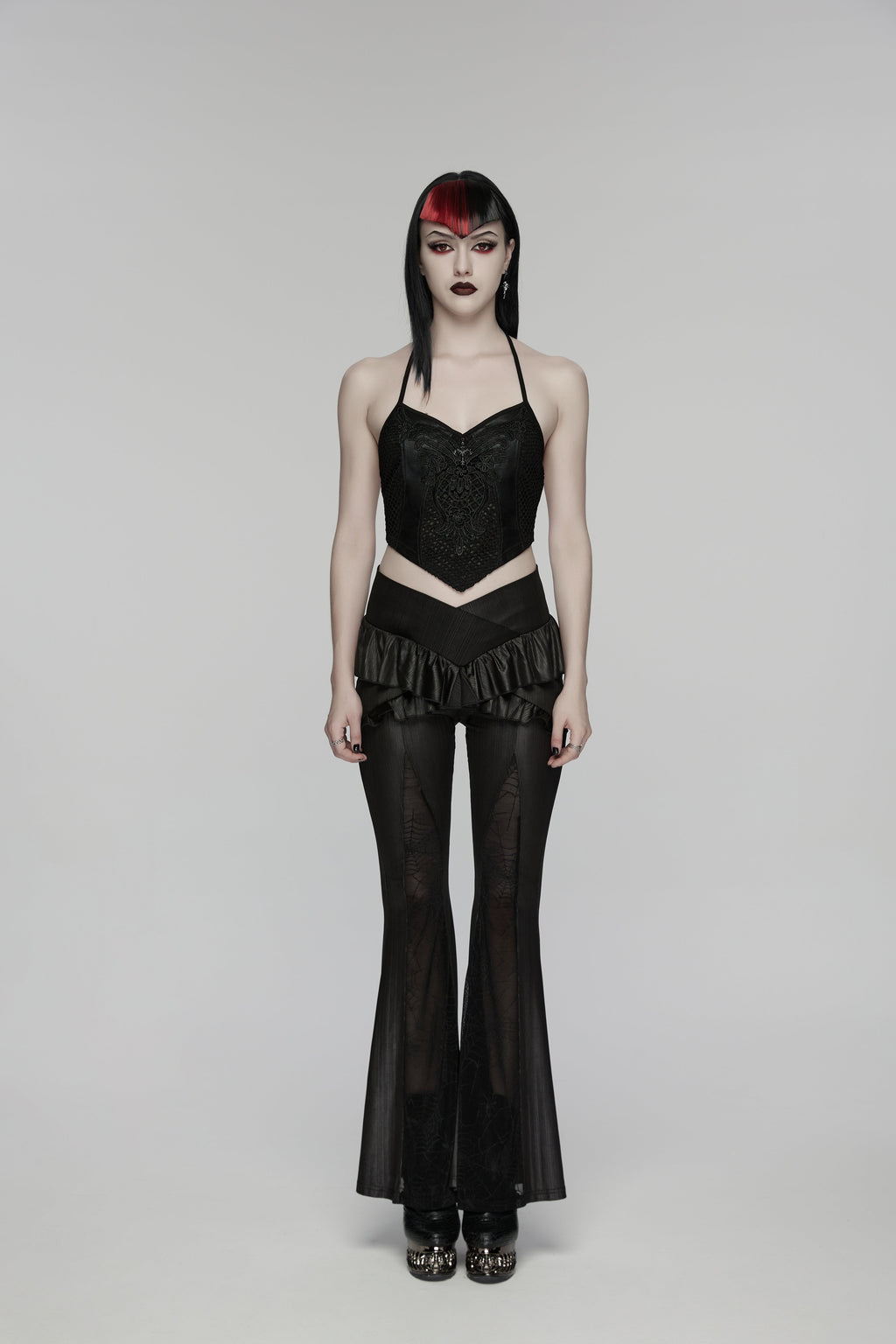 Punk Rave Goth Camisole Top with Feature Embroidery and Tie Back