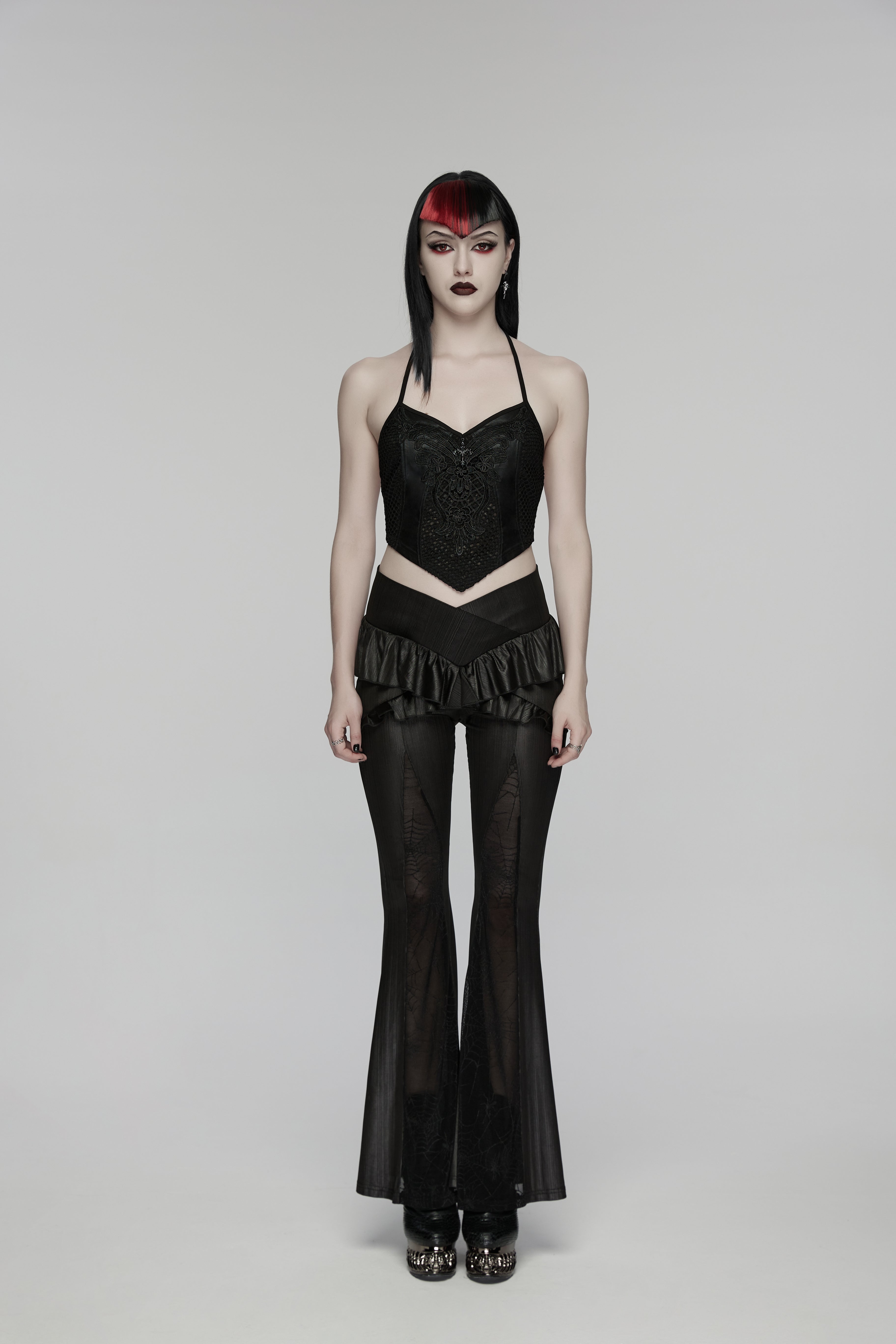 Punk Rave Goth Camisole Top with Feature Embroidery and Tie Back