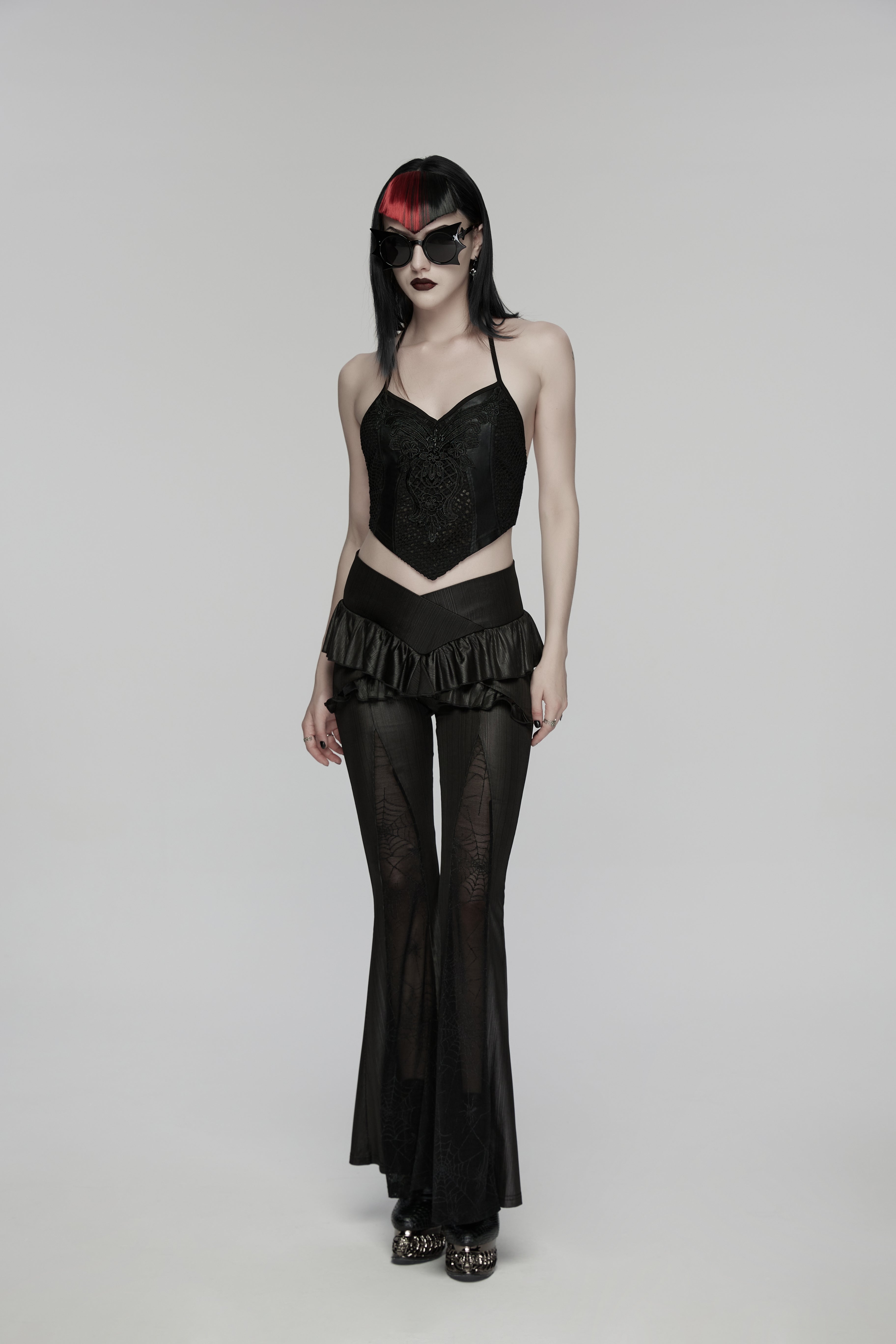 Punk Rave Goth Camisole Top with Feature Embroidery and Tie Back