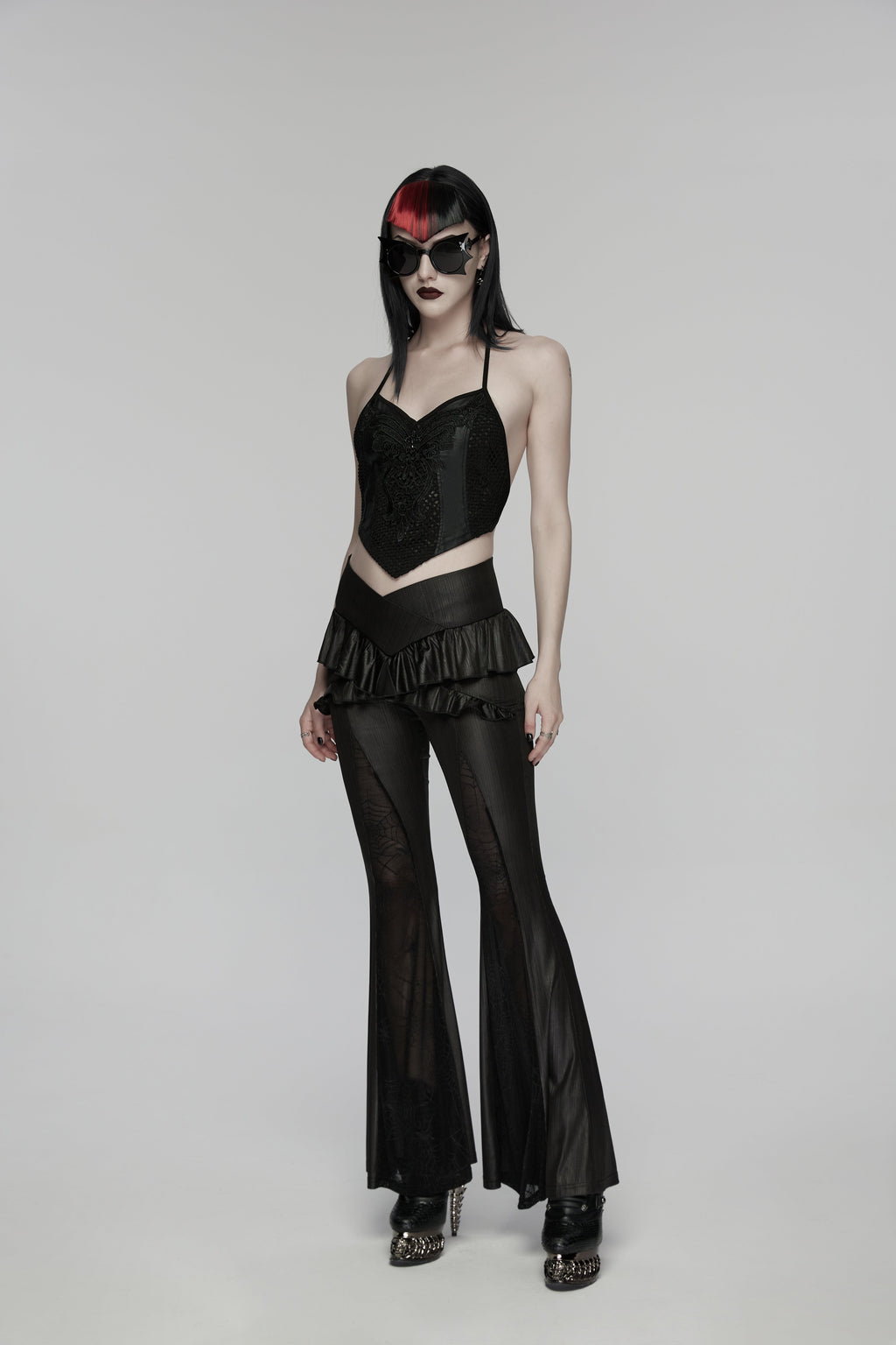 Punk Rave Goth Camisole Top with Feature Embroidery and Tie Back