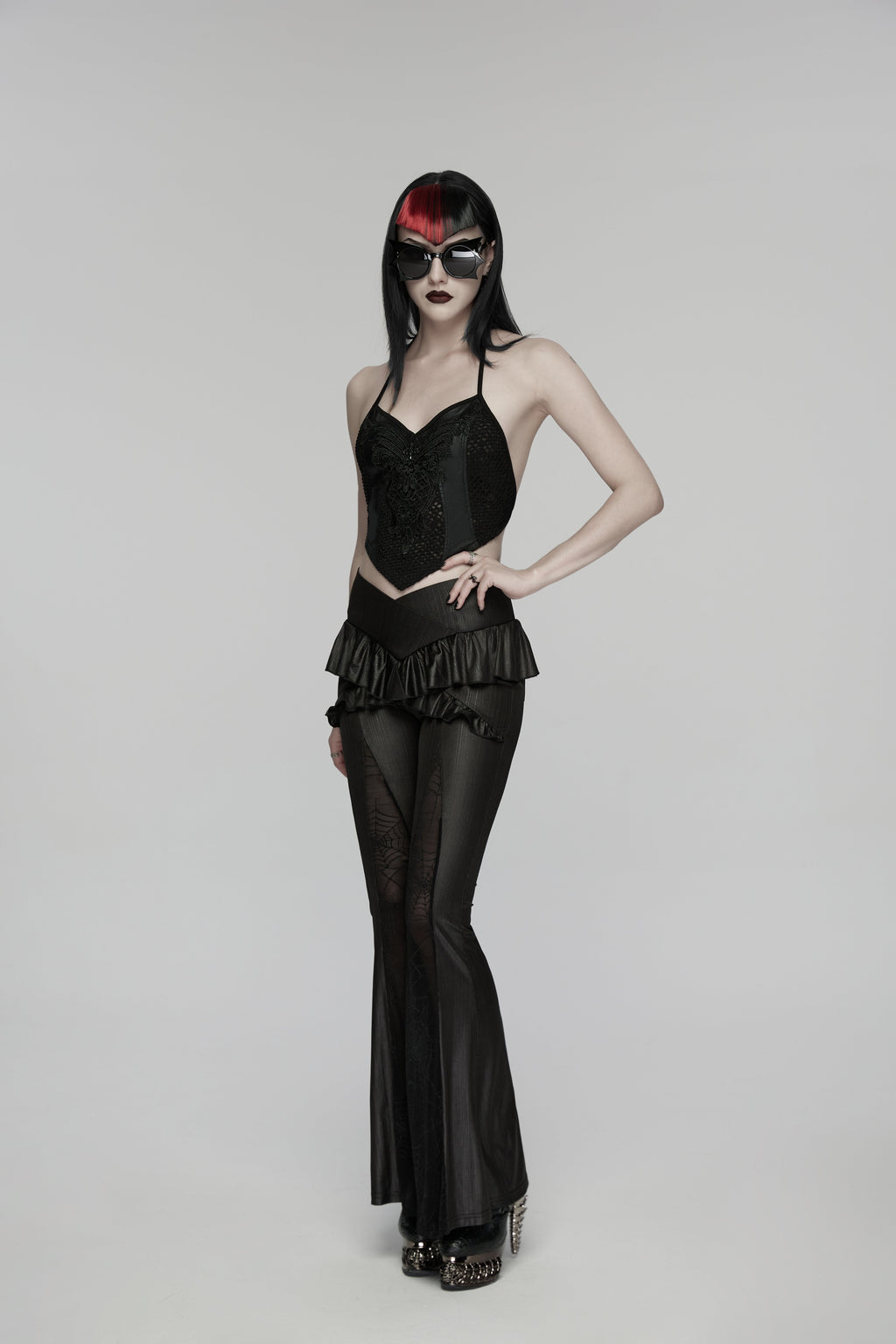 Punk Rave Goth Camisole Top with Feature Embroidery and Tie Back