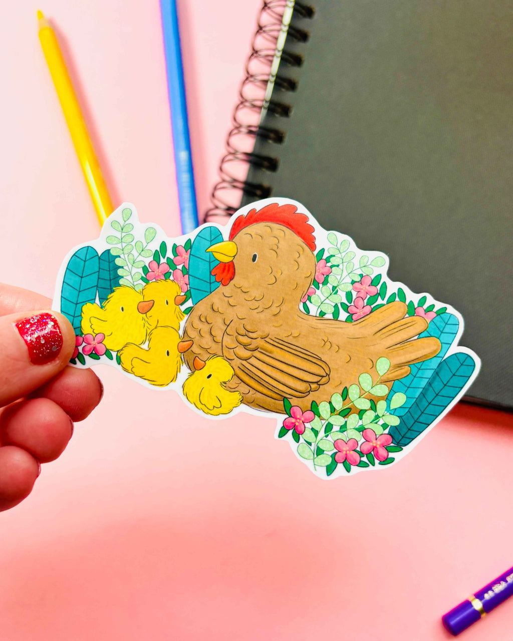 Spring Friends Hen or Fox Illustrated Vinyl Sticker