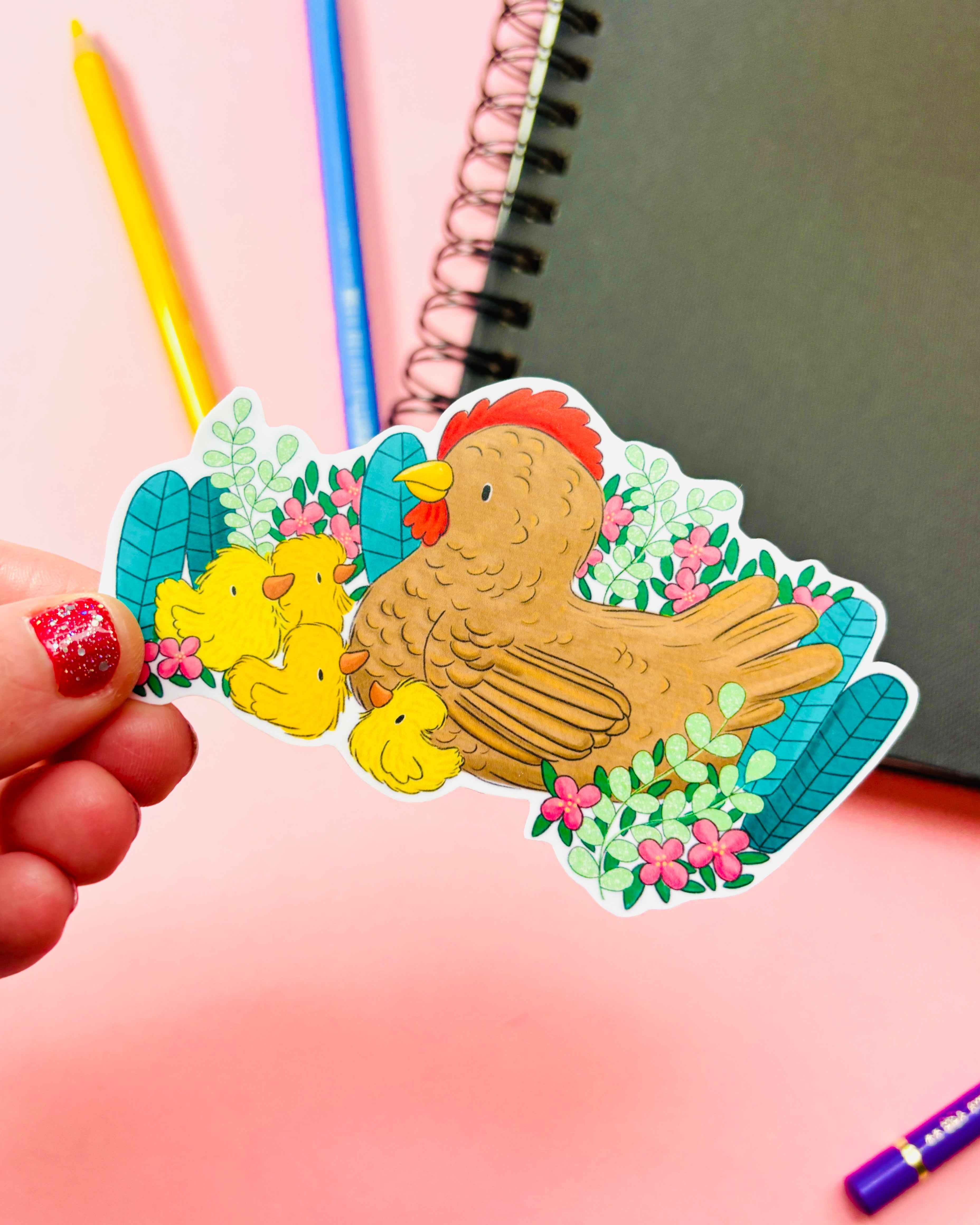 Spring Friends Hen or Fox Illustrated Vinyl Sticker