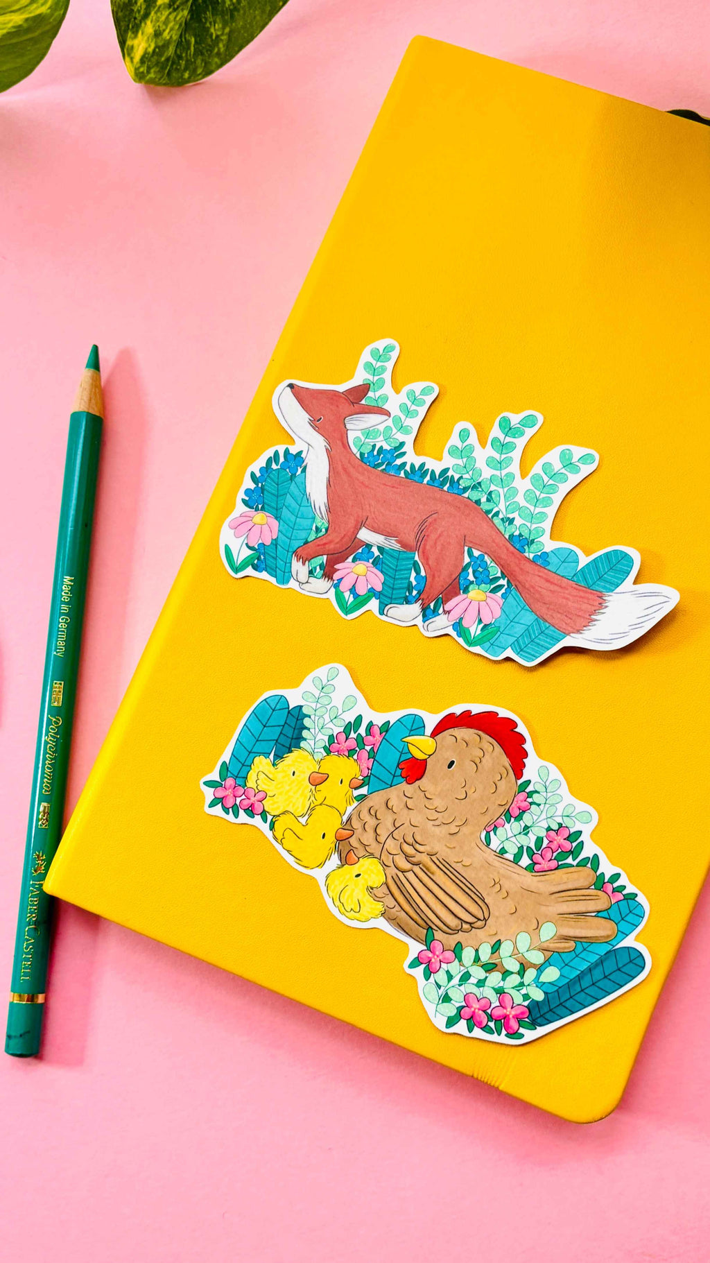 Spring Friends Hen or Fox Illustrated Vinyl Sticker