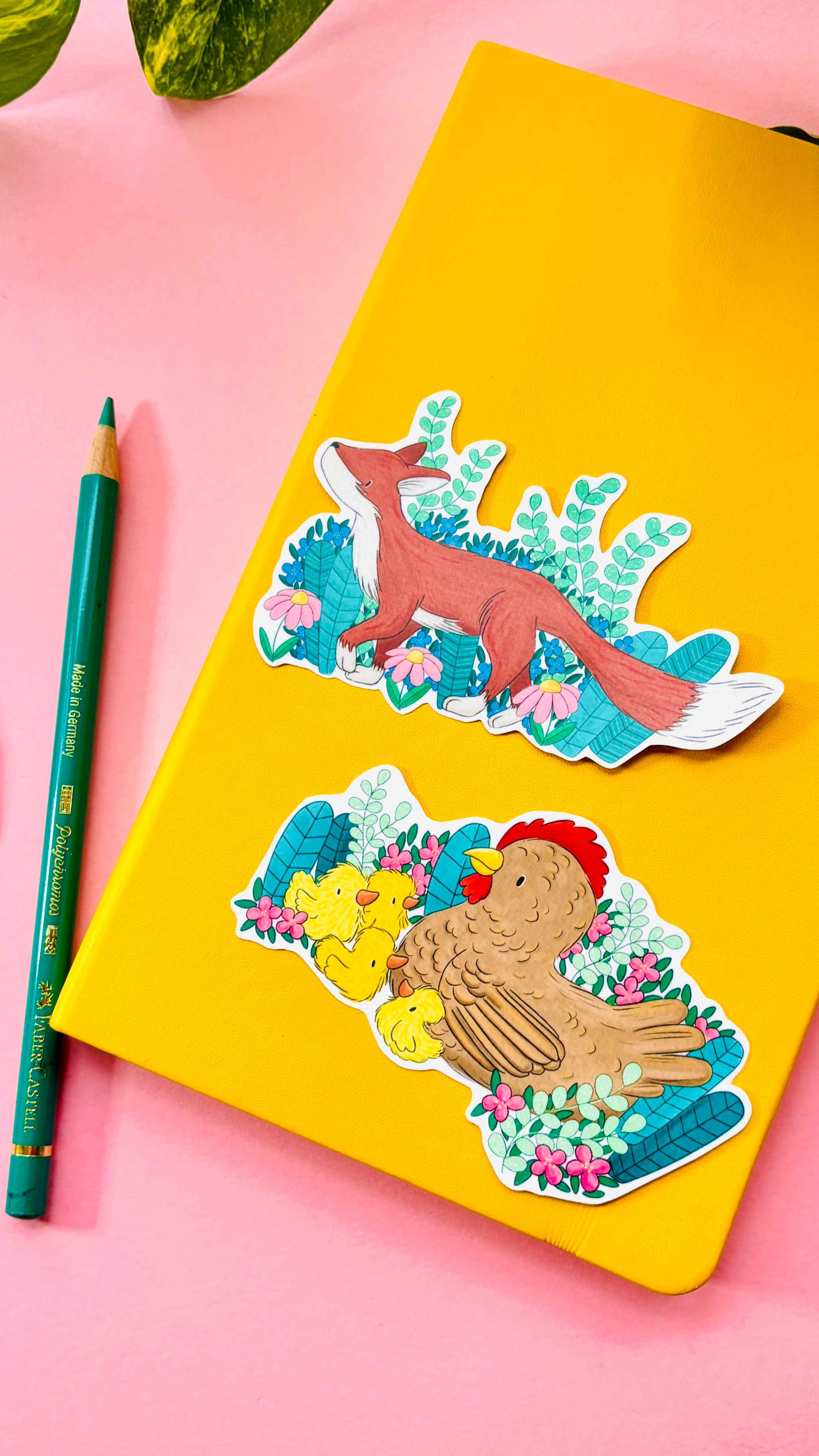 Spring Friends Hen or Fox Illustrated Vinyl Sticker