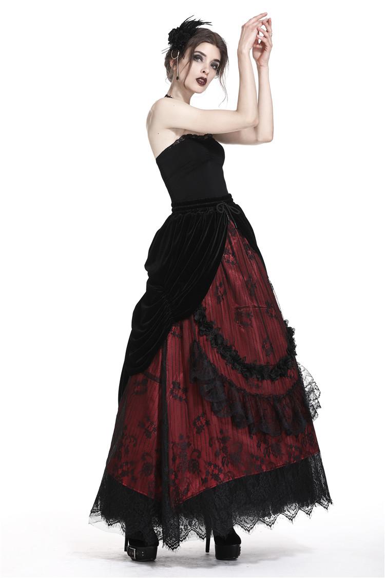 Dark In Love Arabella Red Maxi Skirt with Lace and Velvet