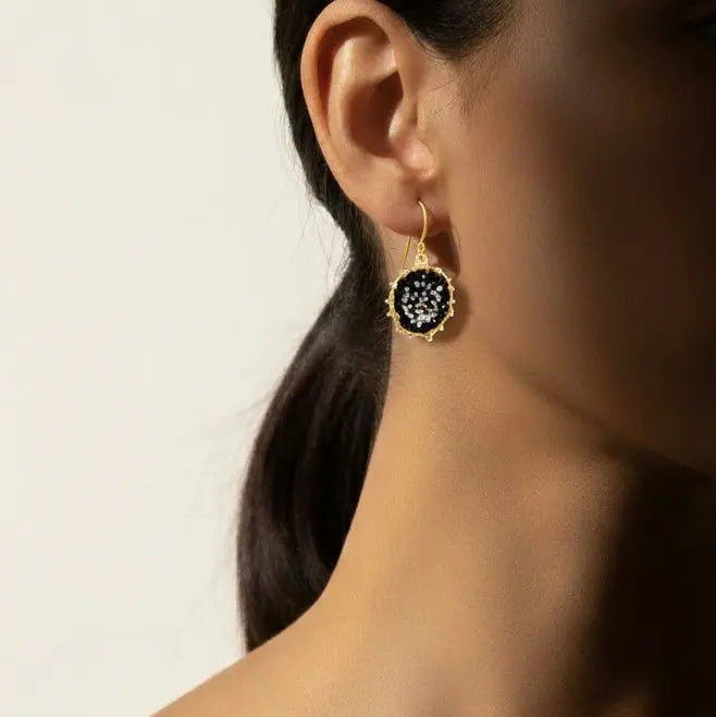 Dance of Stamens Medium Earring, Gold Plated Hollow Bezel with Black Spinel