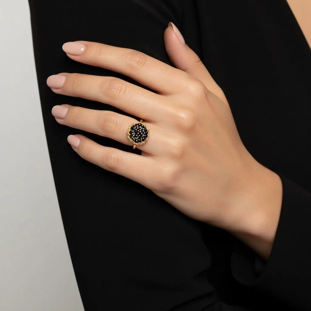 Dance of Stamens Medium Ring, Gold Plate Hollow Bezel with Black Spinel